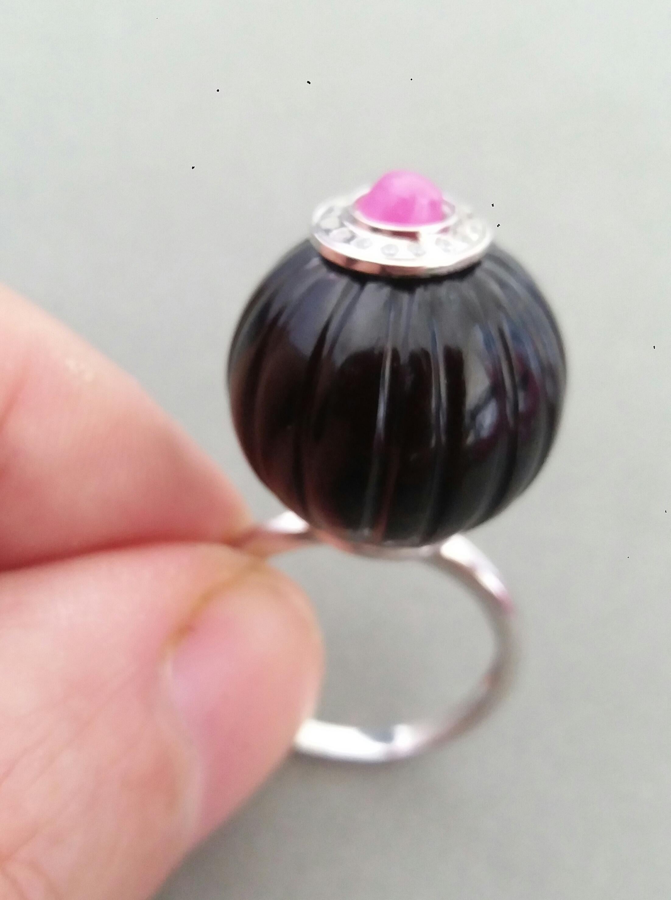 For Sale:  Art Deco Style Black Onyx Carved Ball Ruby 14k White Gold Diamonds Cocktail Ring 11