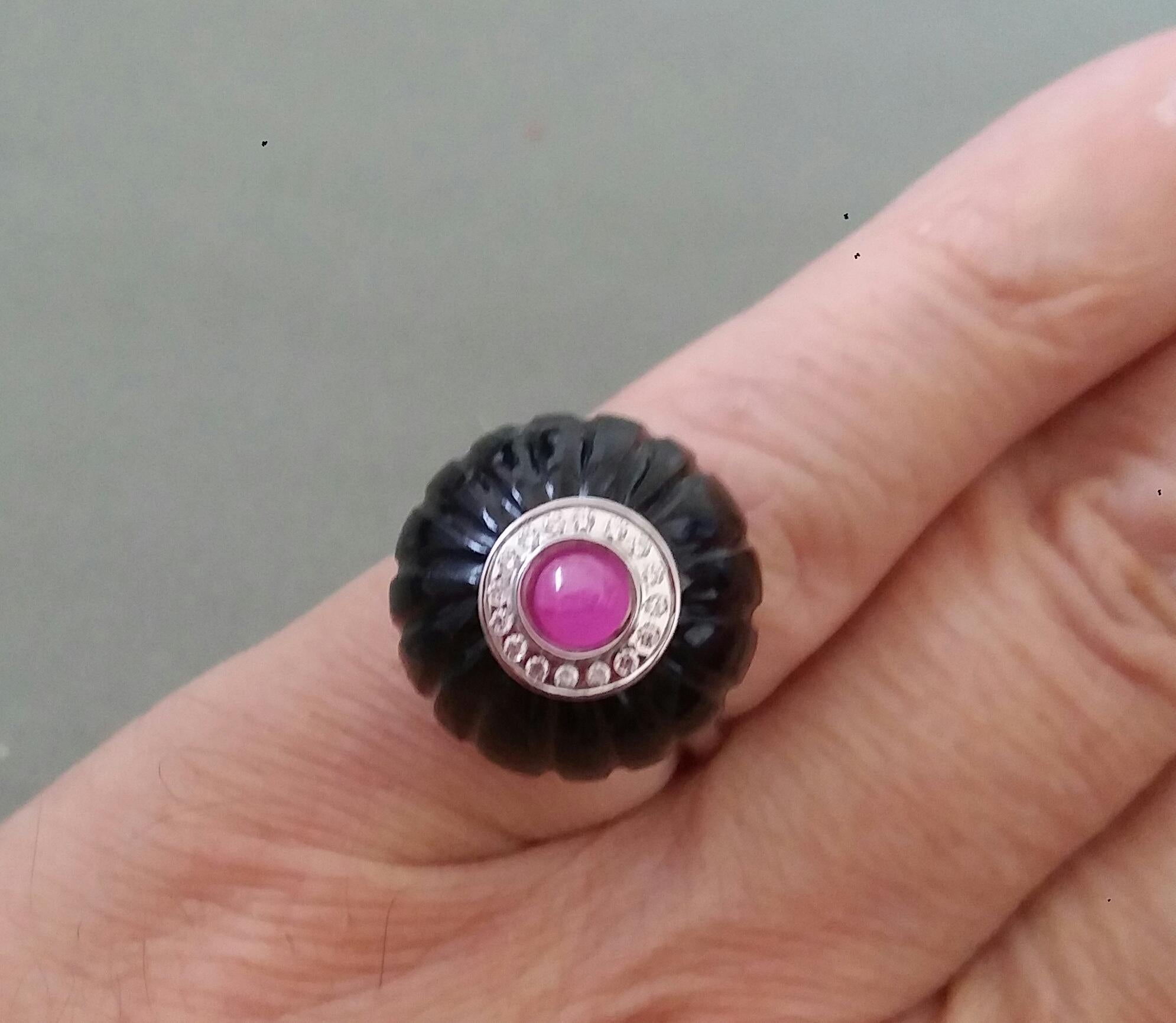 For Sale:  Art Deco Style Black Onyx Carved Ball Ruby 14k White Gold Diamonds Cocktail Ring 12