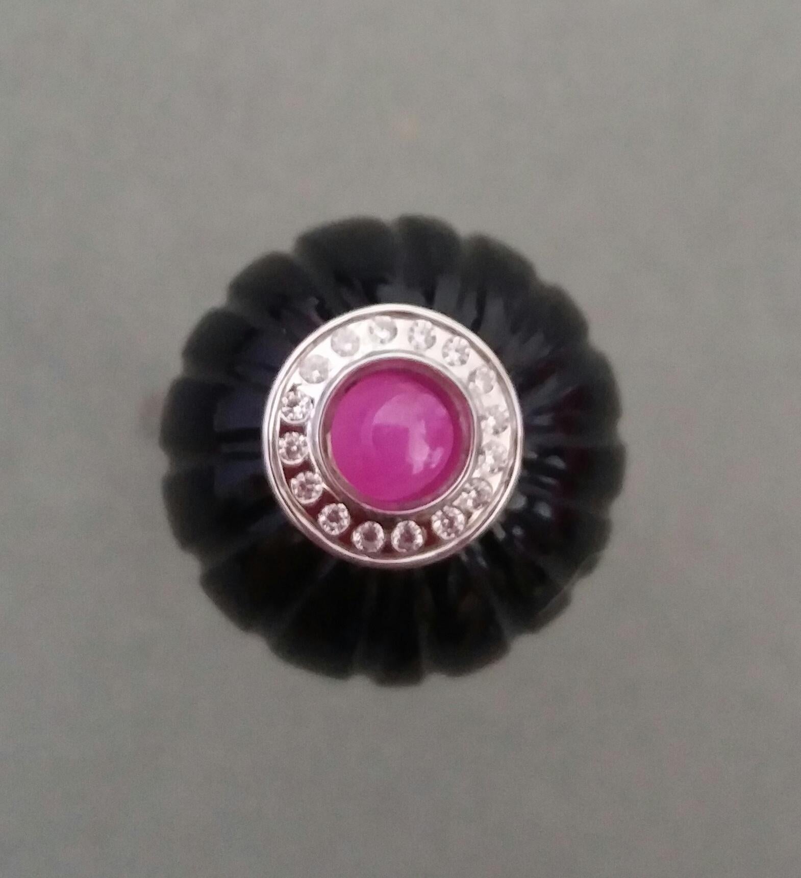 For Sale:  Art Deco Style Black Onyx Carved Ball Ruby 14k White Gold Diamonds Cocktail Ring 13