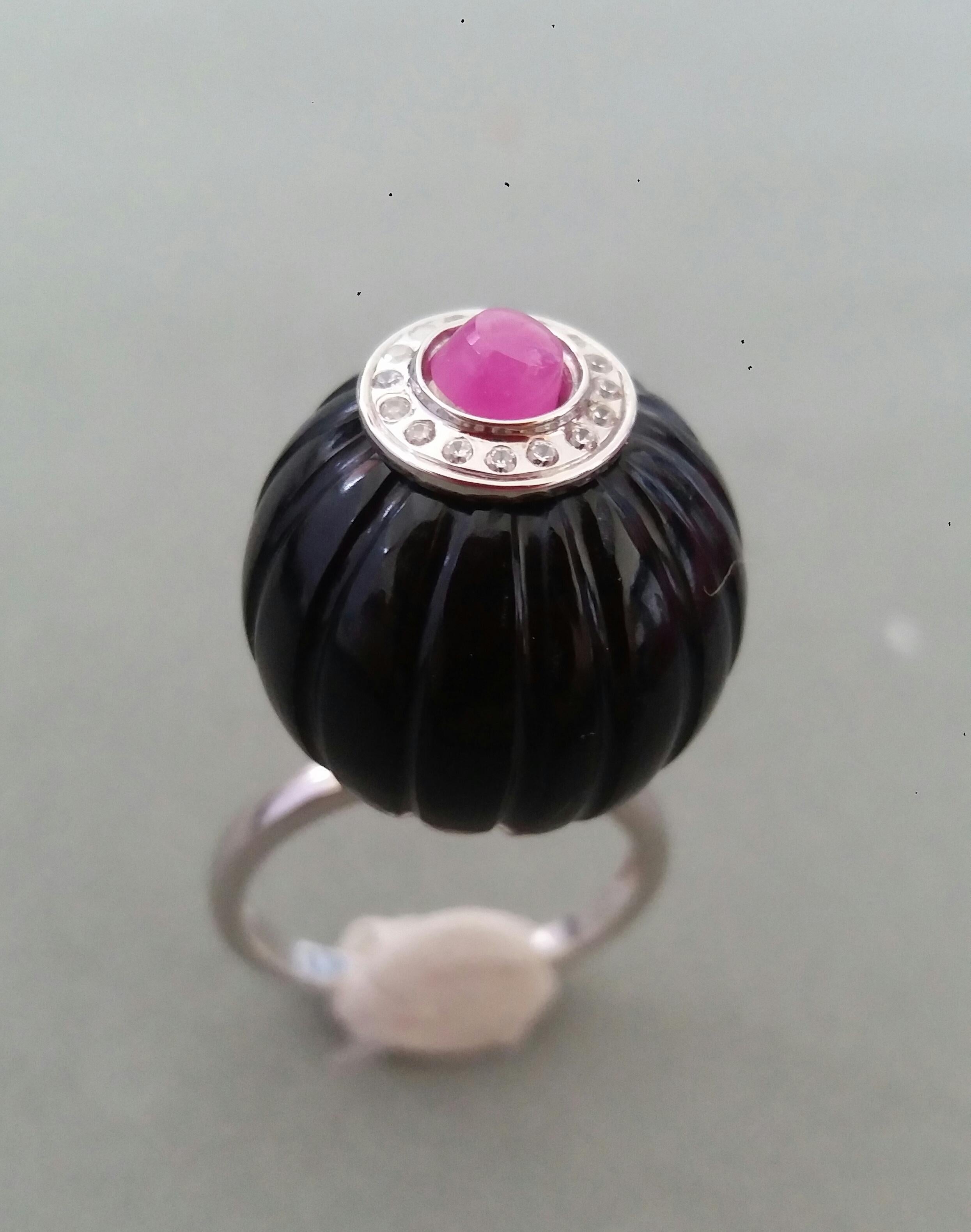 For Sale:  Art Deco Style Black Onyx Carved Ball Ruby 14k White Gold Diamonds Cocktail Ring 14