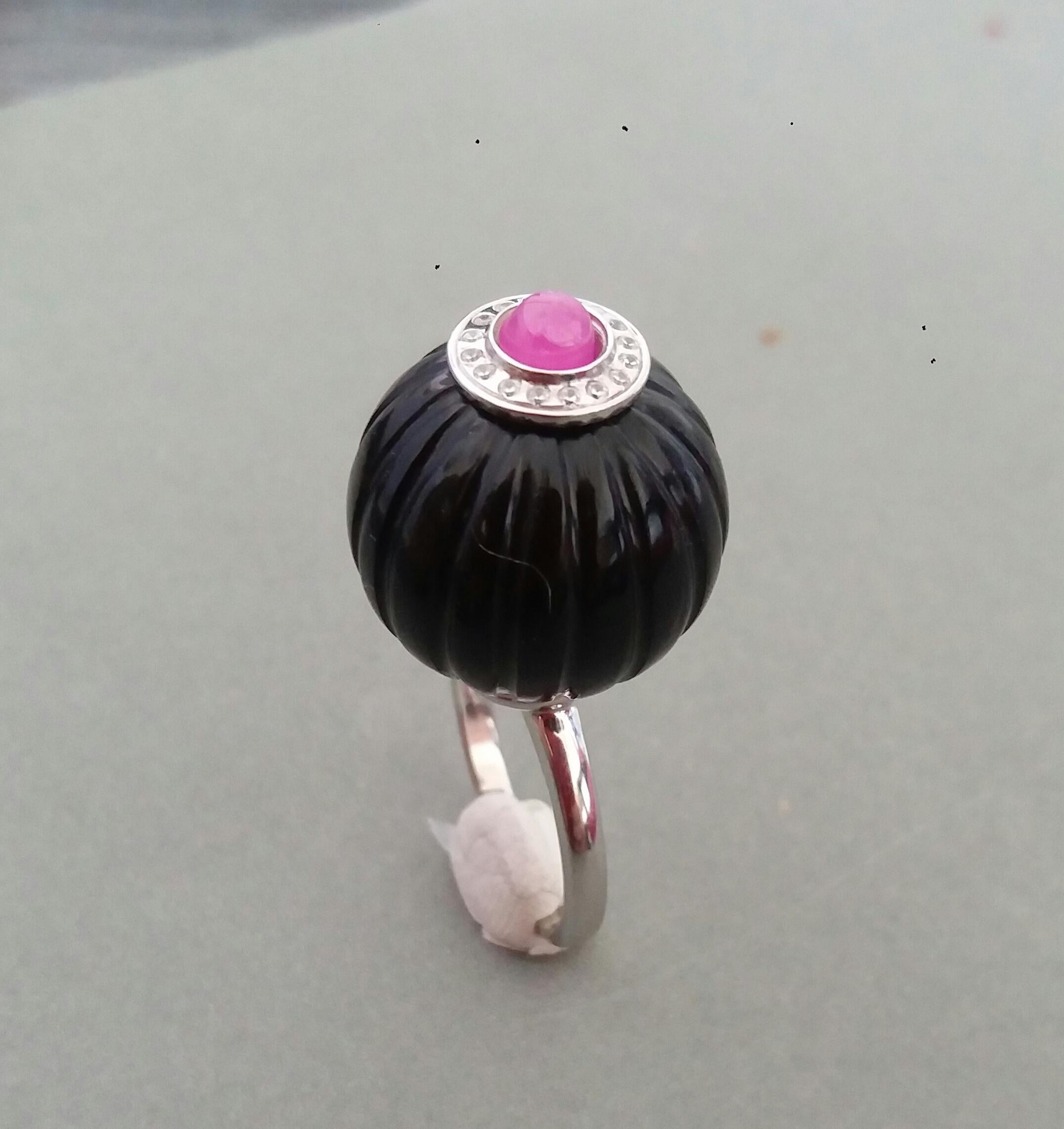 For Sale:  Art Deco Style Black Onyx Carved Ball Ruby 14k White Gold Diamonds Cocktail Ring 15