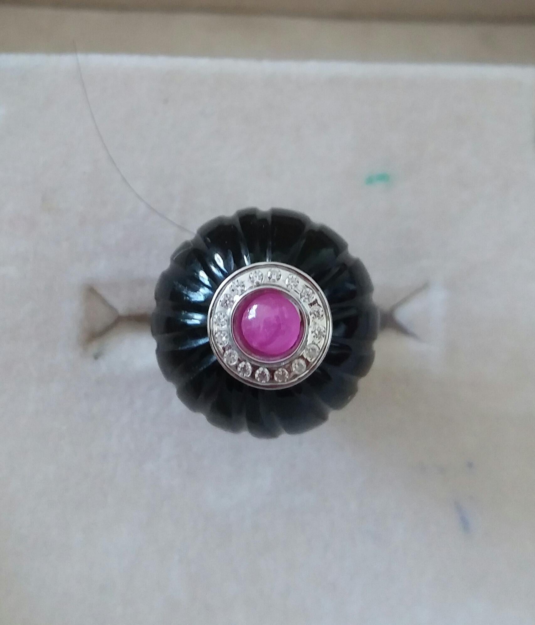 For Sale:  Art Deco Style Black Onyx Carved Ball Ruby 14k White Gold Diamonds Cocktail Ring 16