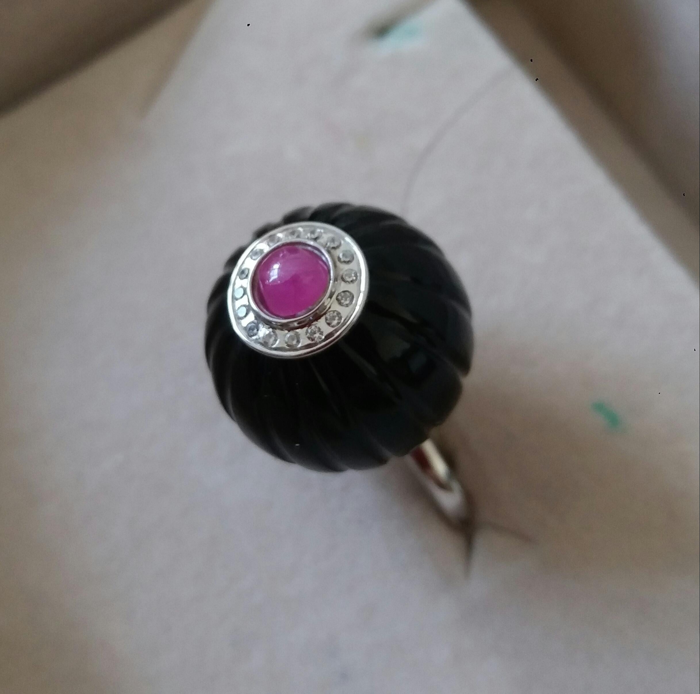 For Sale:  Art Deco Style Black Onyx Carved Ball Ruby 14k White Gold Diamonds Cocktail Ring 17