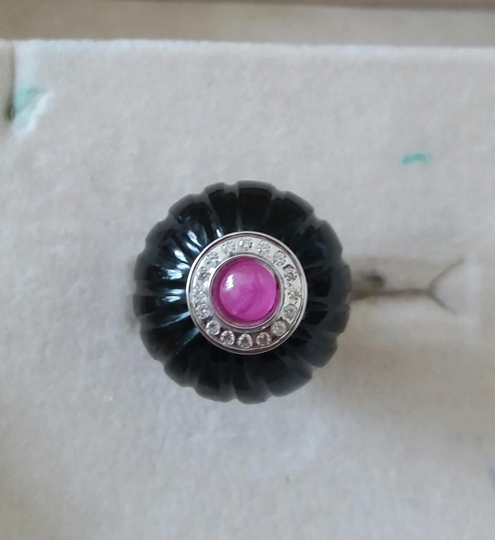 For Sale:  Art Deco Style Black Onyx Carved Ball Ruby 14k White Gold Diamonds Cocktail Ring 3