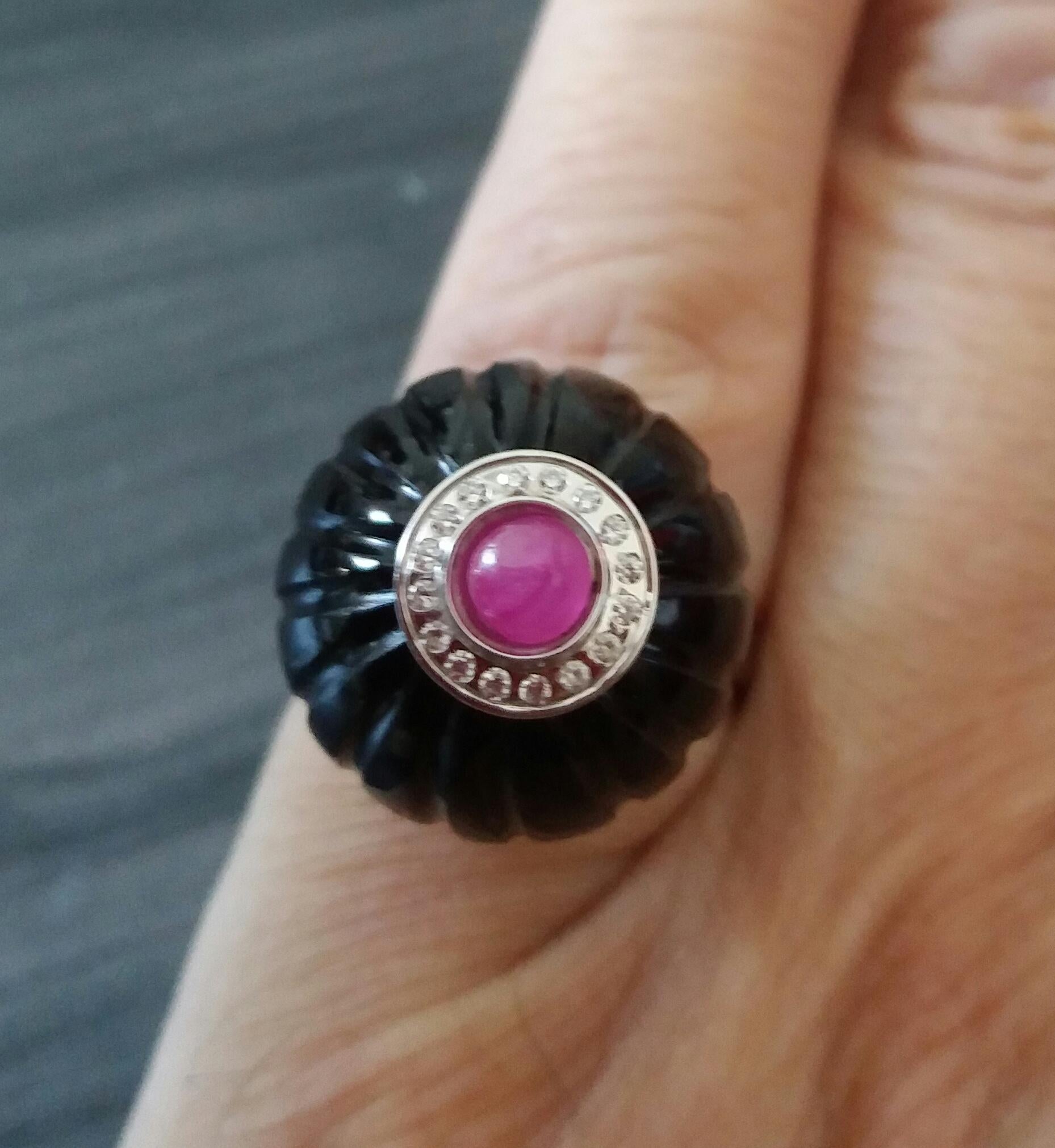 For Sale:  Art Deco Style Black Onyx Carved Ball Ruby 14k White Gold Diamonds Cocktail Ring 5