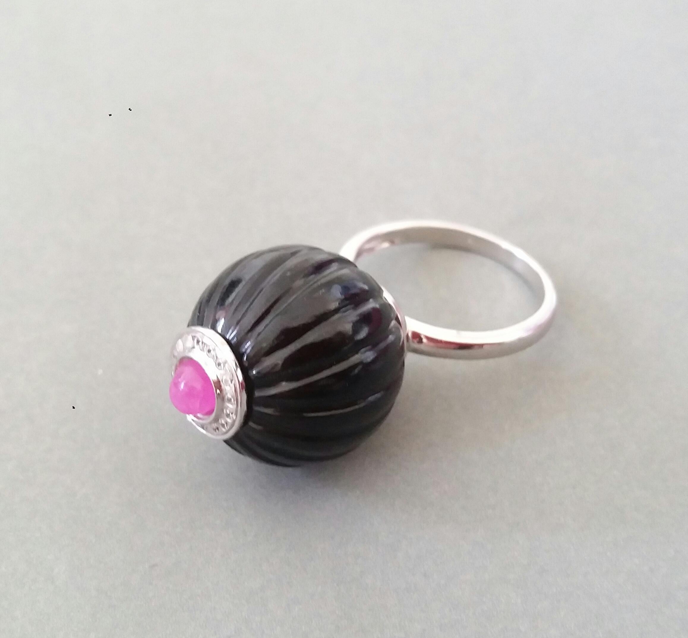 For Sale:  Art Deco Style Black Onyx Carved Ball Ruby 14k White Gold Diamonds Cocktail Ring 7