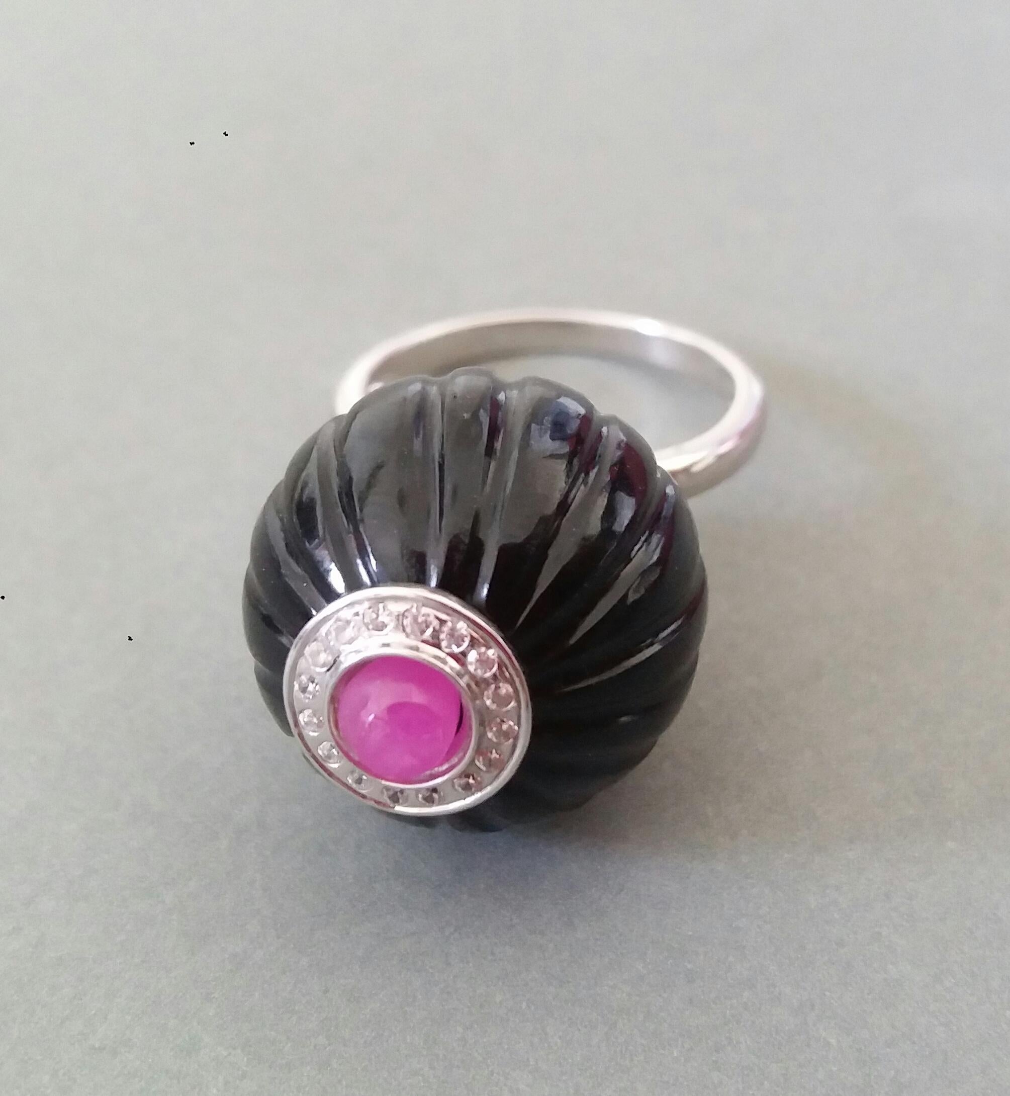 For Sale:  Art Deco Style Black Onyx Carved Ball Ruby 14k White Gold Diamonds Cocktail Ring 8