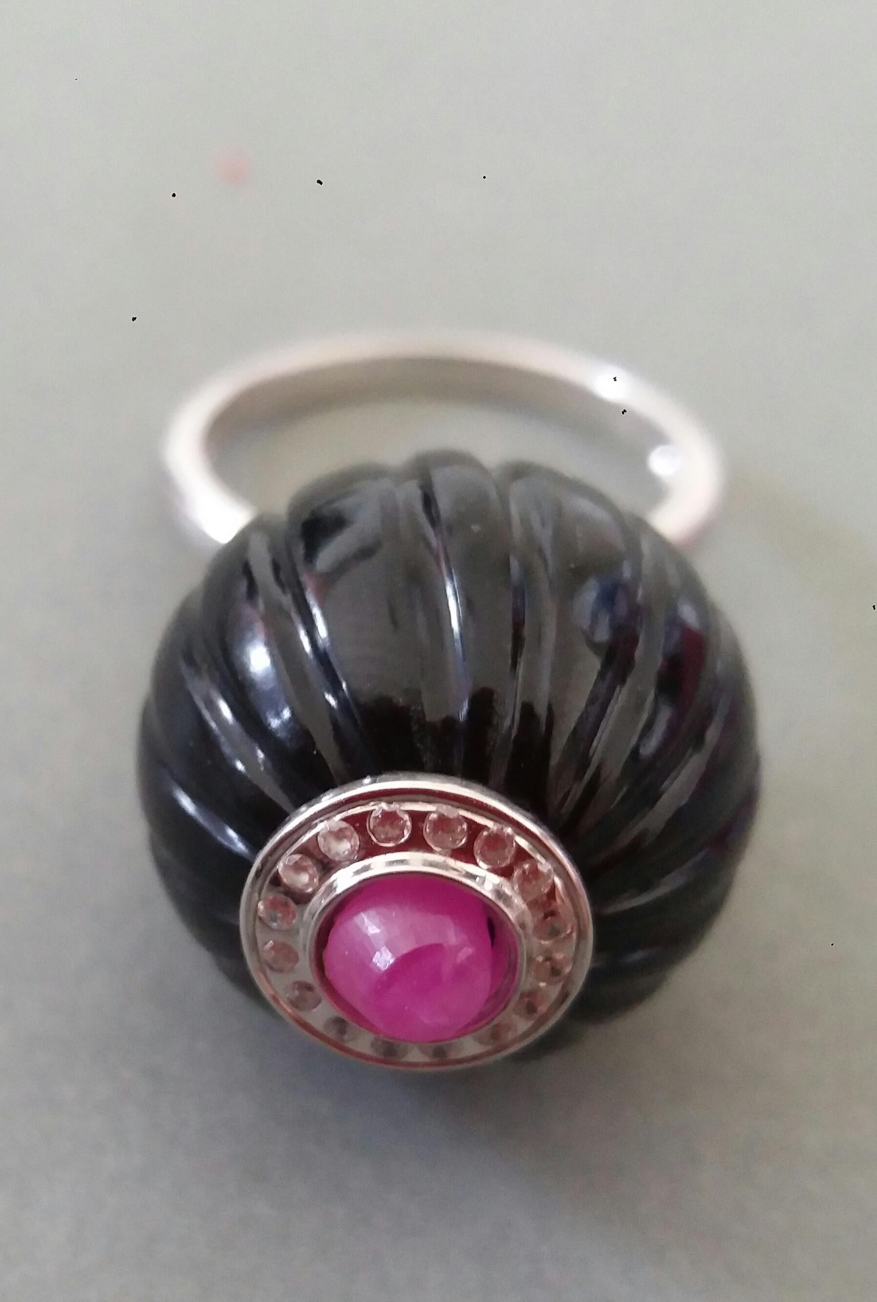 For Sale:  Art Deco Style Black Onyx Carved Ball Ruby 14k White Gold Diamonds Cocktail Ring 9