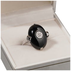 Bague de cocktail de style Art déco, avec diamant ovale en onyx noir, en or blanc 18 carats, taille M / 6,5