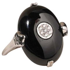 Bague de cocktail de style Art déco, avec diamant ovale en onyx noir, en or blanc 18 carats, taille M / 6,5