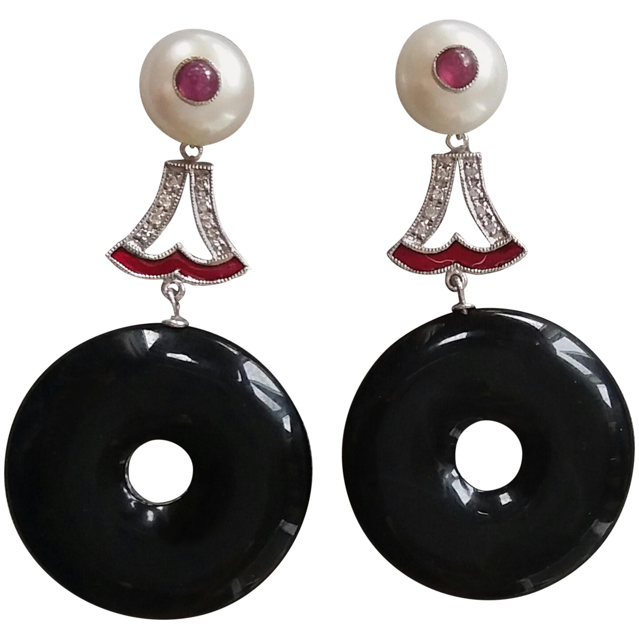 Art Deco Style Black Onyx Pearl Ruby Gold Enamel Diamonds Dangling Earrings
