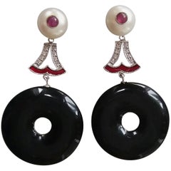 Pendientes Colgantes Estilo Art Decó Ónix Negro Perla Rubí Oro Esmalte Diamantes