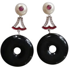 Art Deco Style Black Onyx Pearl Ruby Gold Enamel Diamonds Dangling Earrings