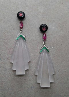 Art Deco Style Black Onyx Rock Crystal Gold Diamonds Rubies Enamel Earrings