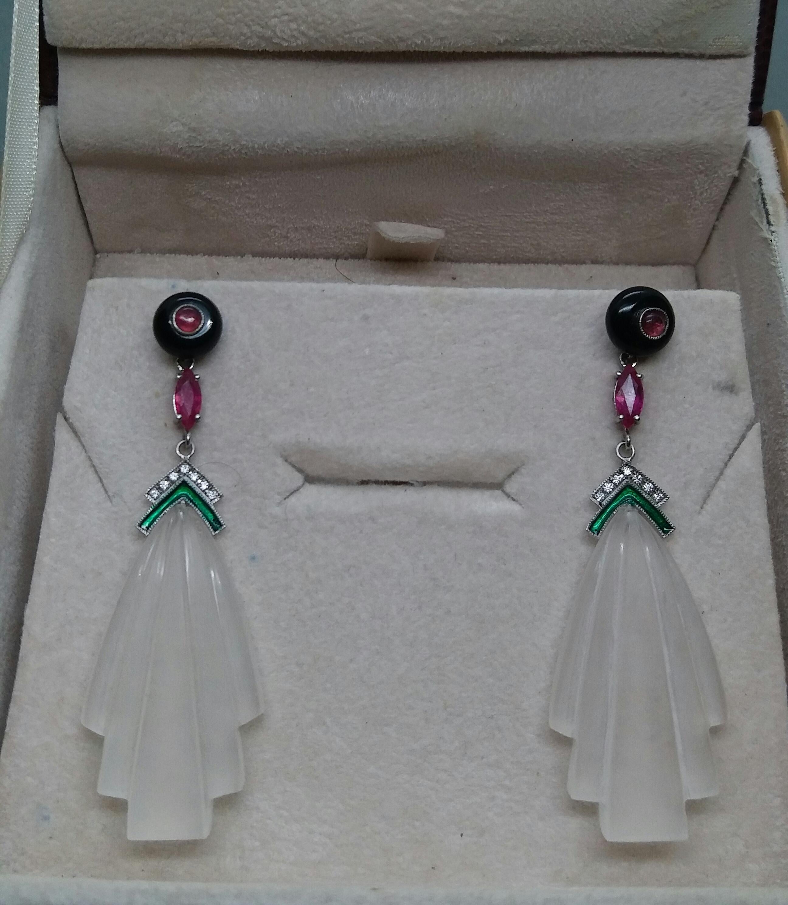 Art Deco Style Black Onyx Rock Crystal Gold Diamonds Rubies Enamel Earrings In Good Condition For Sale In Bangkok, TH