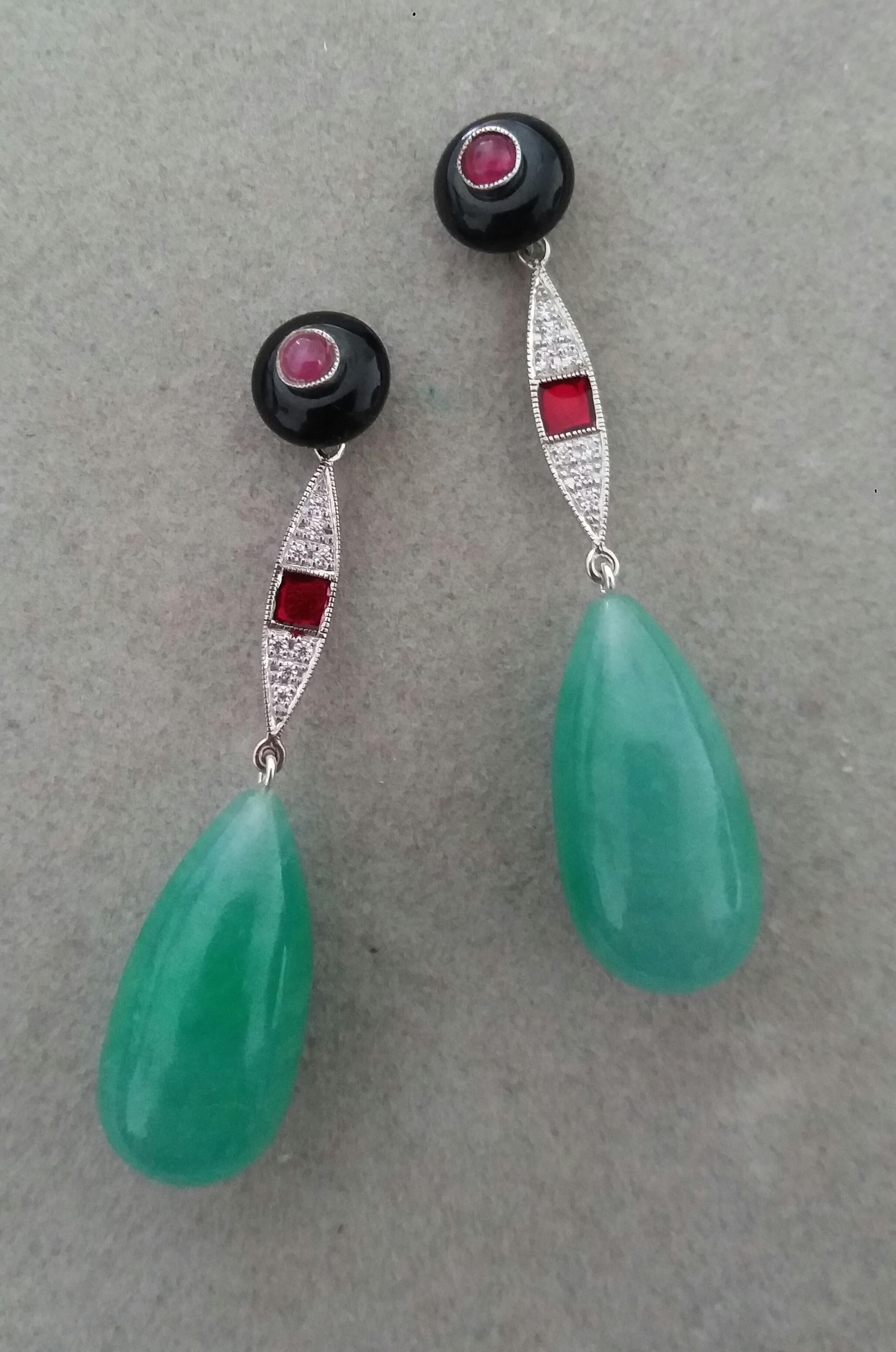 Art Deco Style Black Onyx Rubies Gold Diamonds Enamels Jade Round Drops Earrings For Sale 5