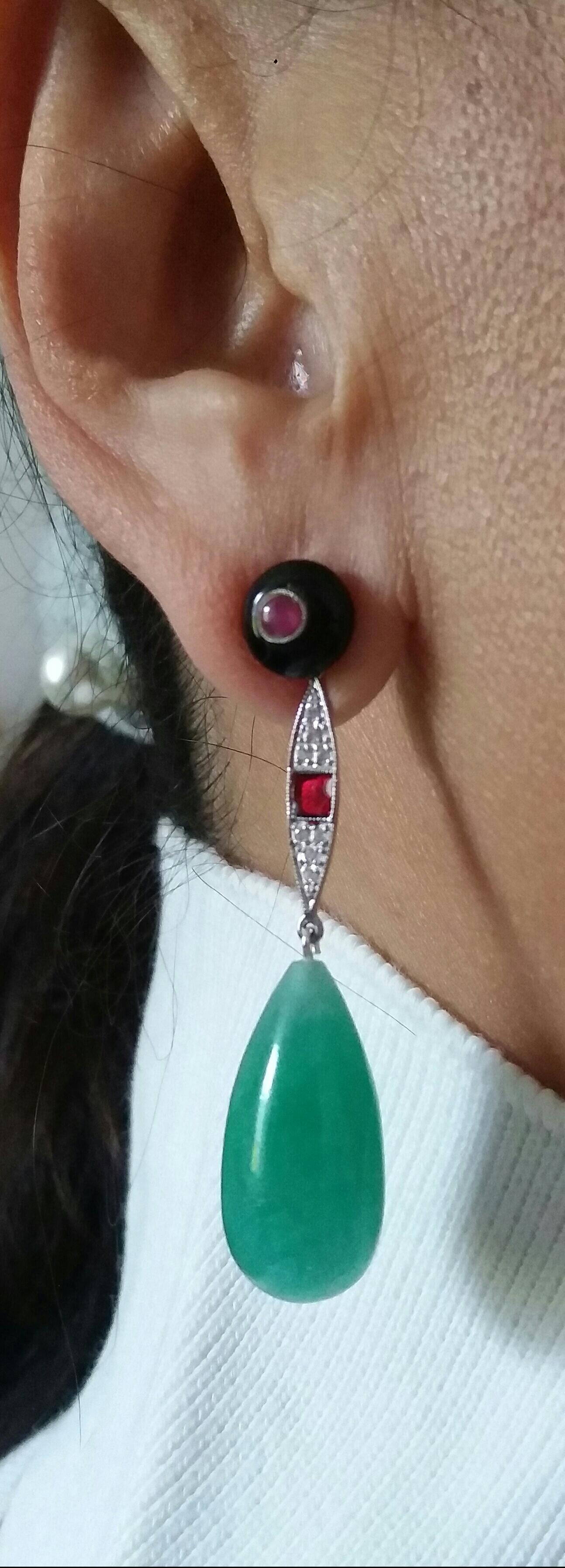 Art Deco Style Black Onyx Rubies Gold Diamonds Enamels Jade Round Drops Earrings In Good Condition For Sale In Bangkok, TH