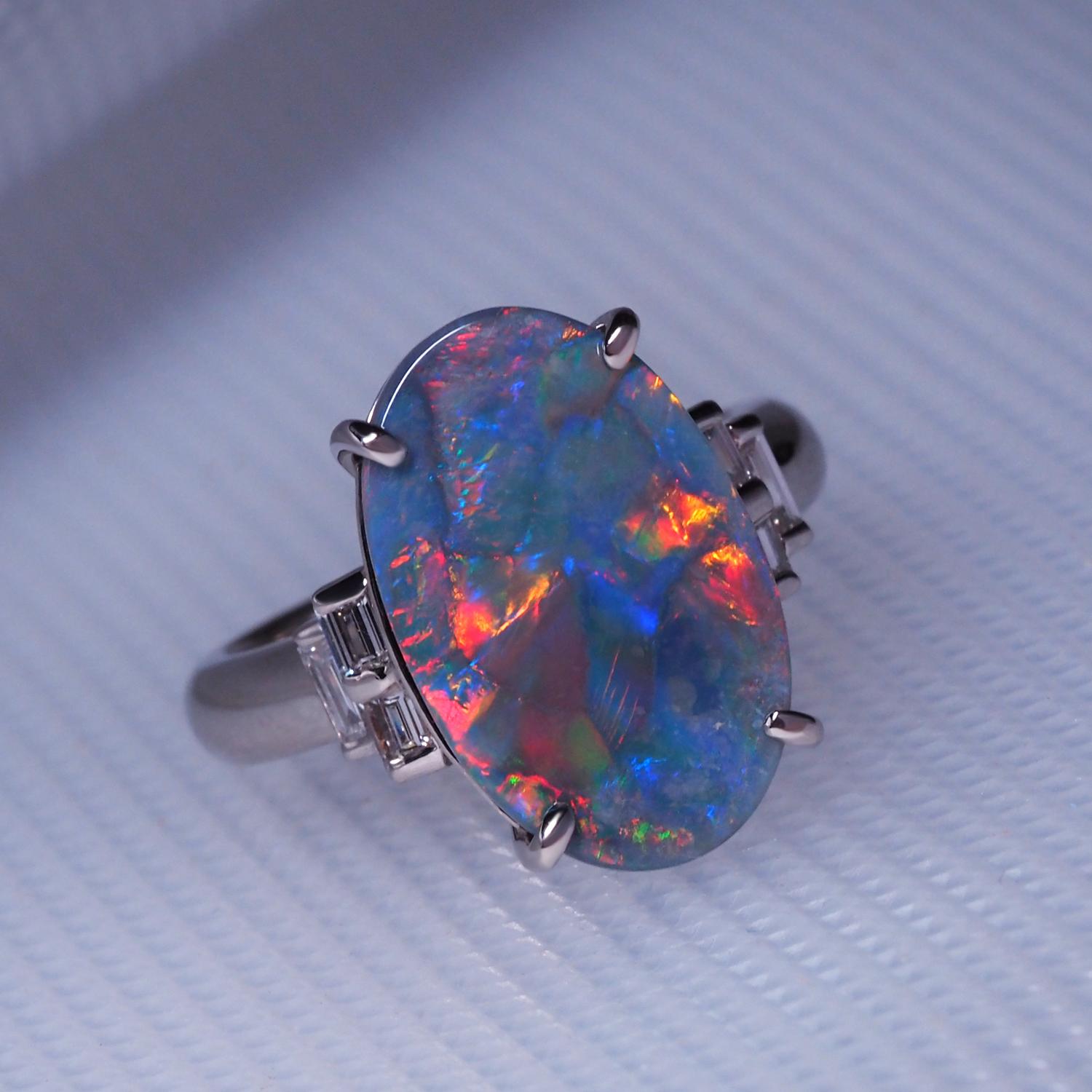 Cabochon Art Deco Style Black Opal Diamond Platinum Ring Christmas Gift Engagement Ring