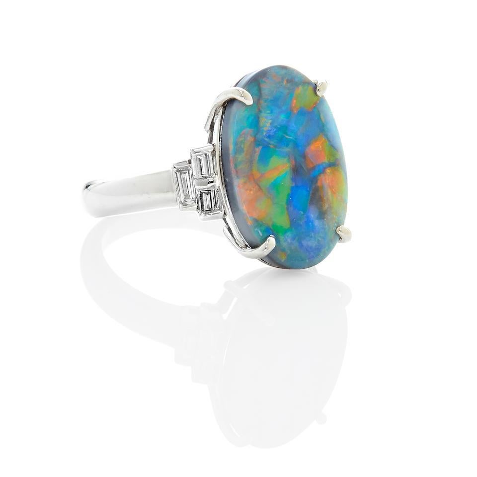 Women's or Men's Art Deco Style Black Opal Diamond Platinum Ring Christmas Gift Engagement Ring