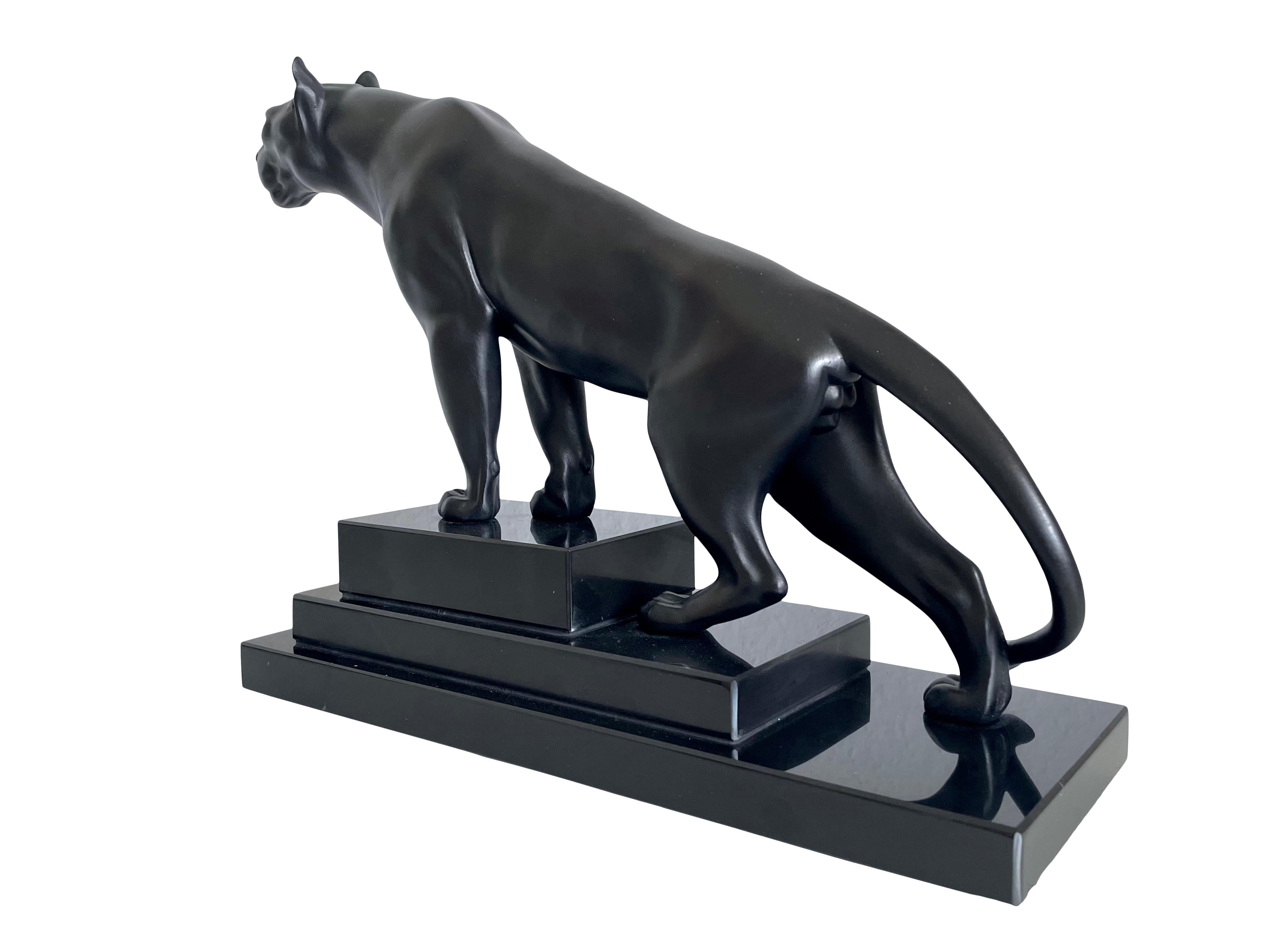 French Art Deco Style Black Panther Sculpture by Max Le Verrier on Stepped Marble Base For Sale