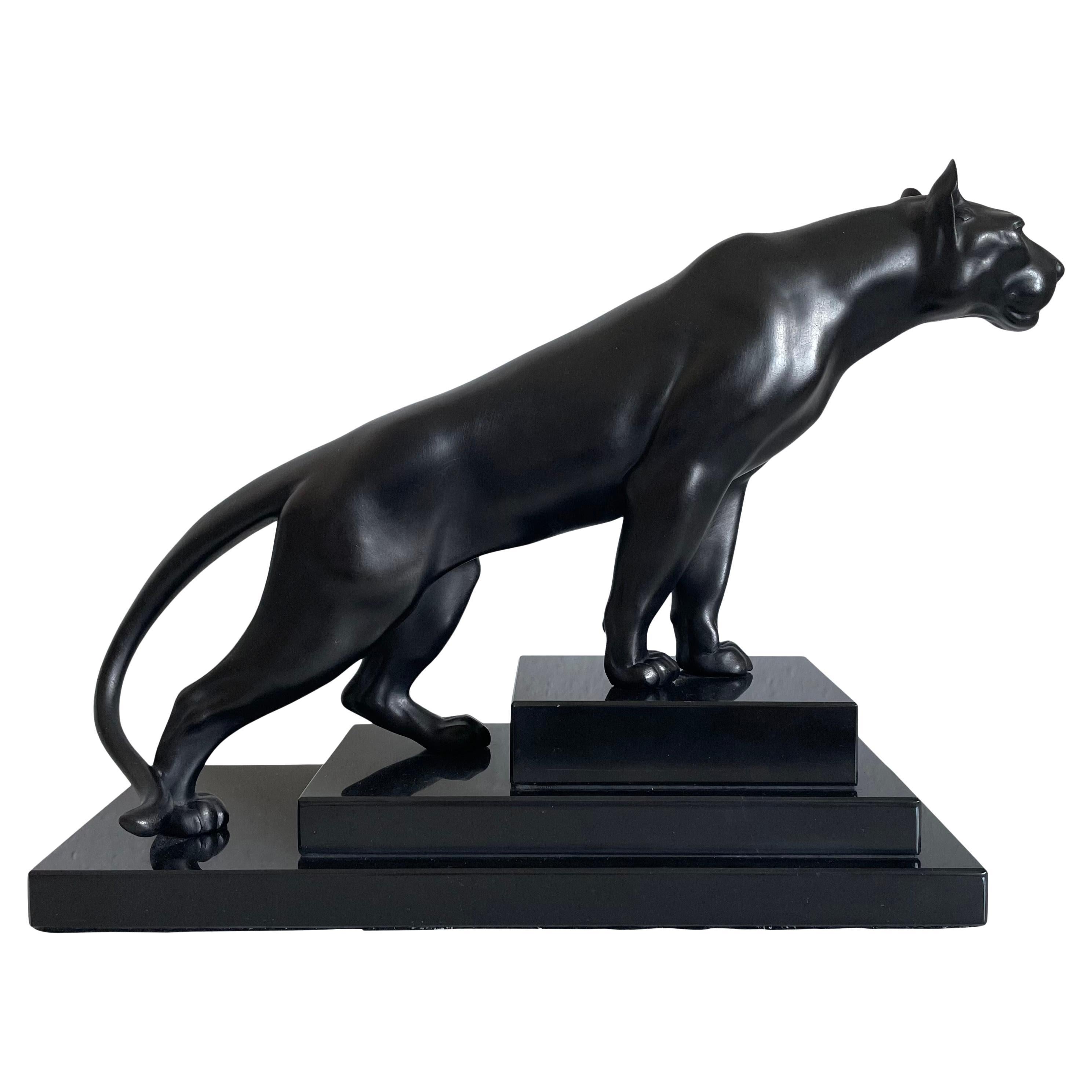 Art Deco Style Black Panther Sculpture by Max Le Verrier on Stepped Marble Base