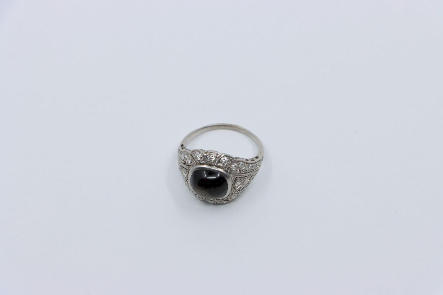 Art Deco Style Black Star Sapphire Diamond Platinum & 10K Ring 5
