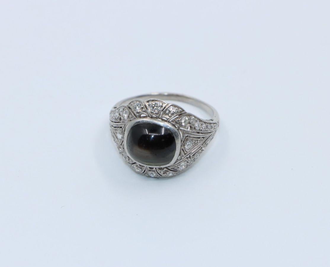 Art Deco Style Black Star Sapphire Diamond Platinum & 10K Ring 6