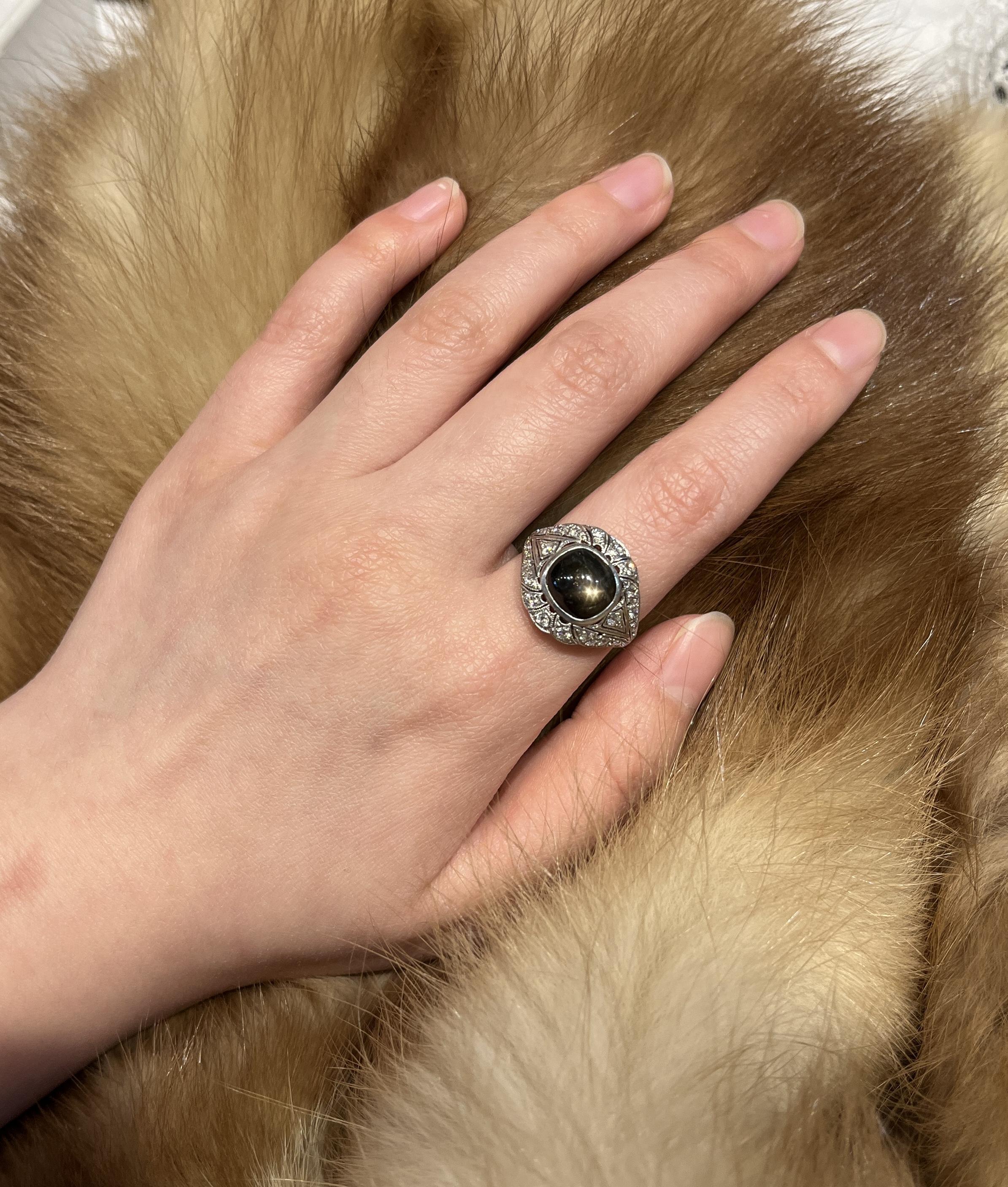 Cabochon Art Deco Style Black Star Sapphire Diamond Platinum & 10K Ring