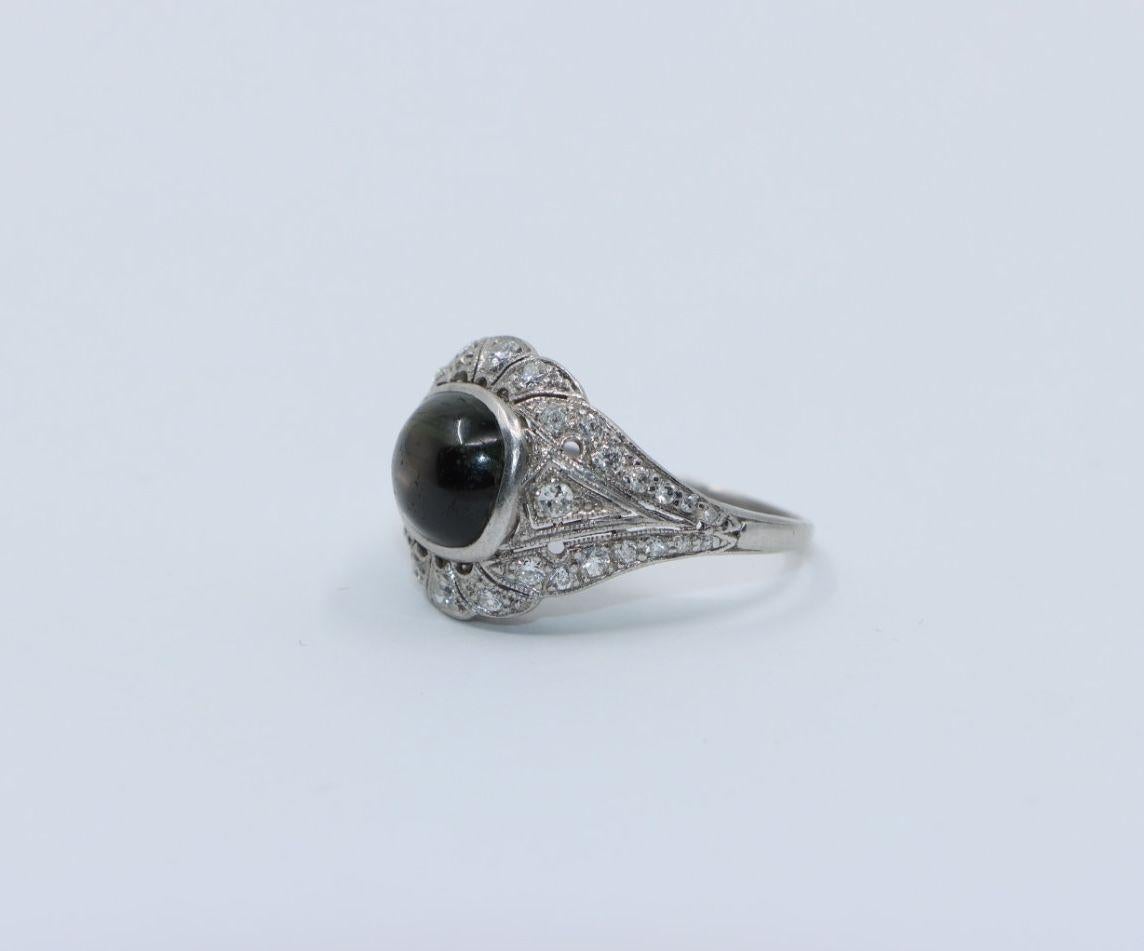 Women's or Men's Art Deco Style Black Star Sapphire Diamond Platinum & 10K Ring