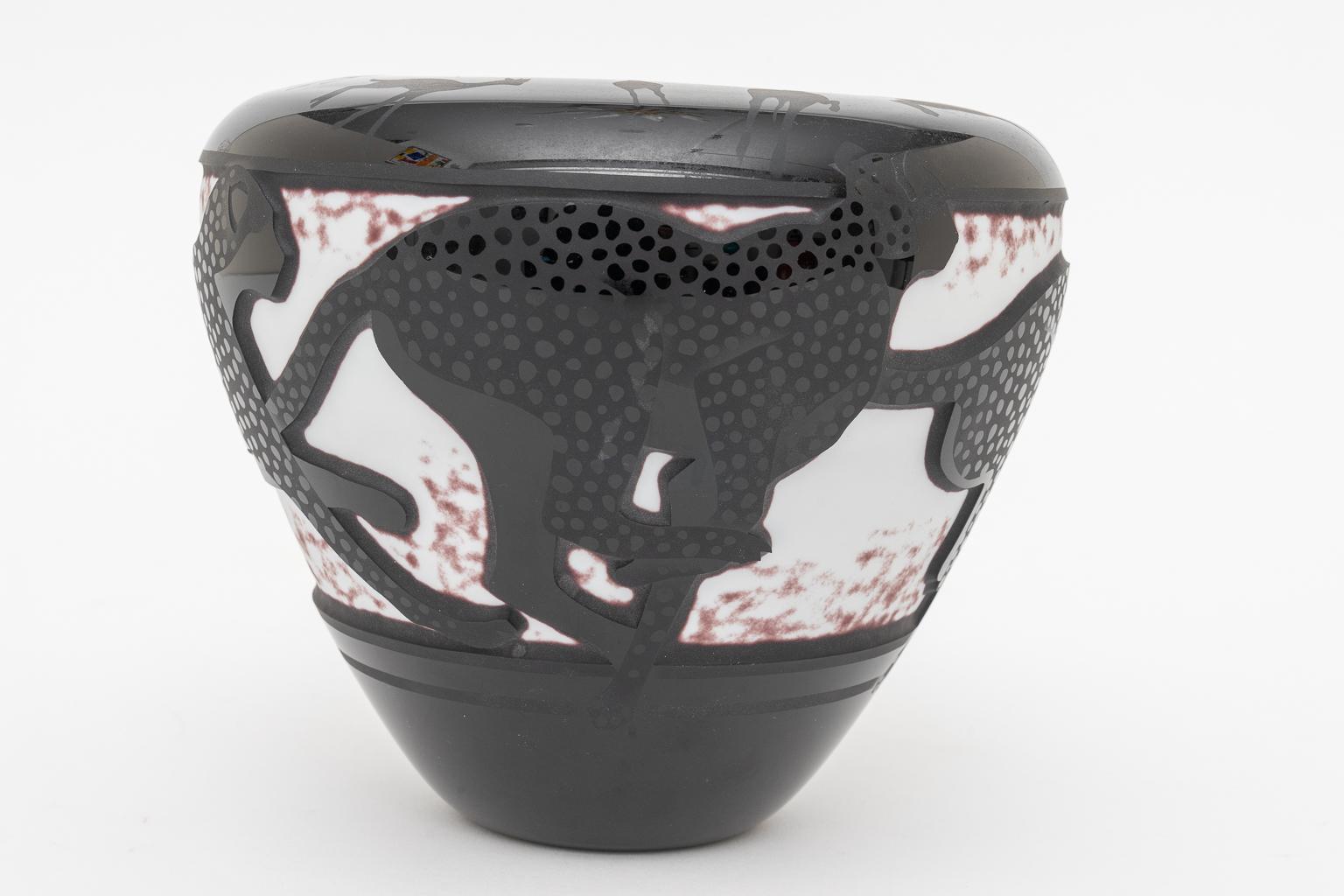 Modern Art Deco Style Black Vase with Leopards
