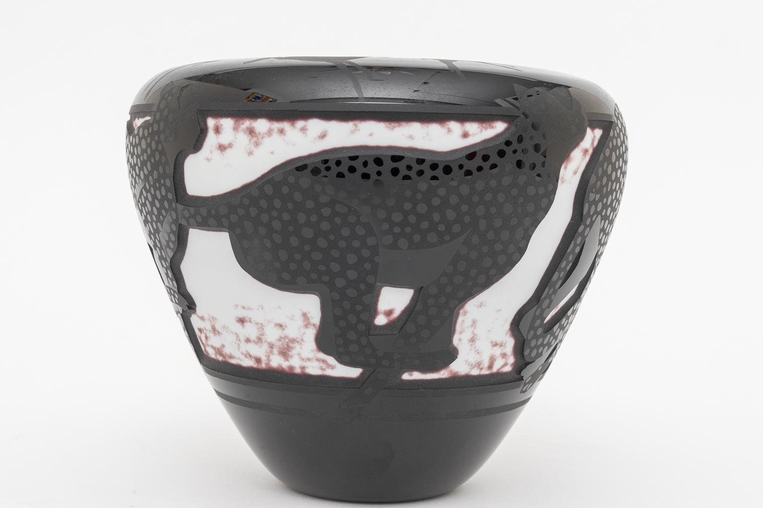 American Art Deco Style Black Vase with Leopards