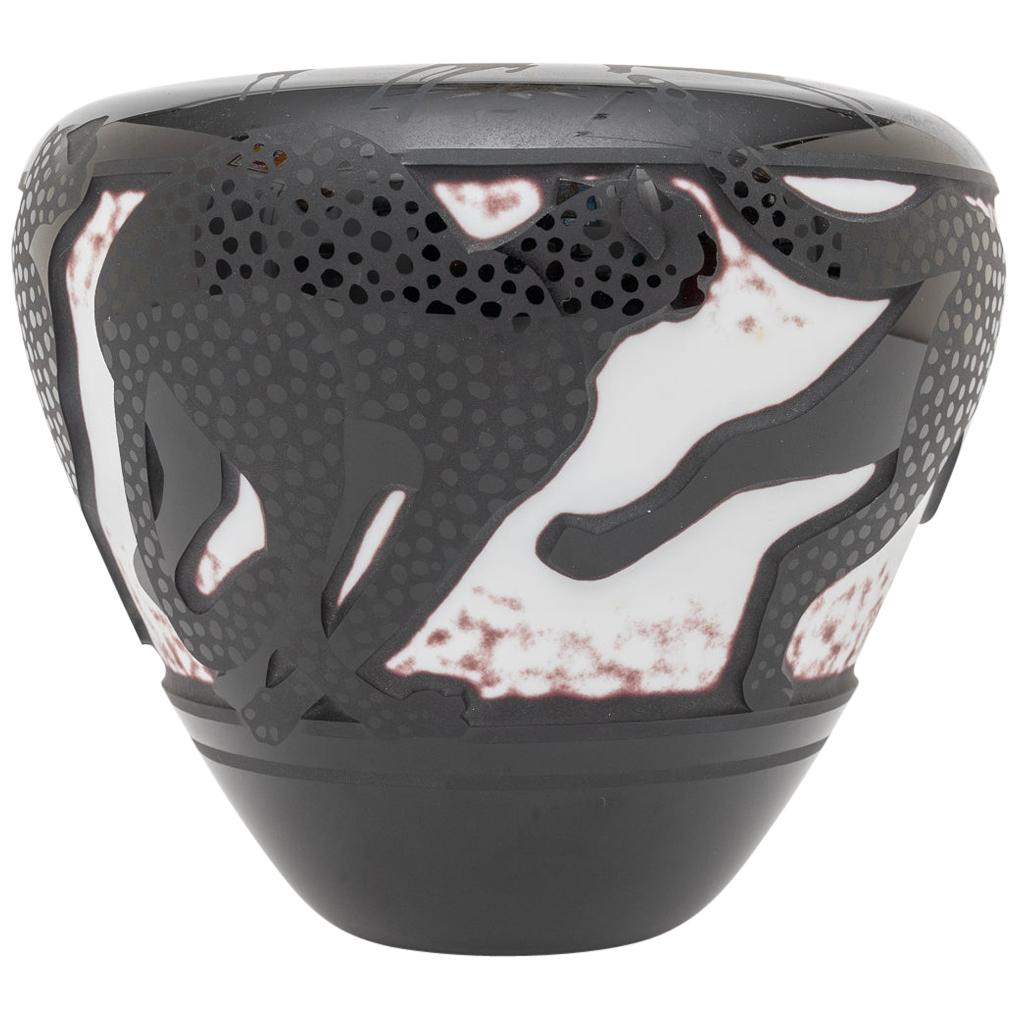 Art Deco Style Black Vase with Leopards