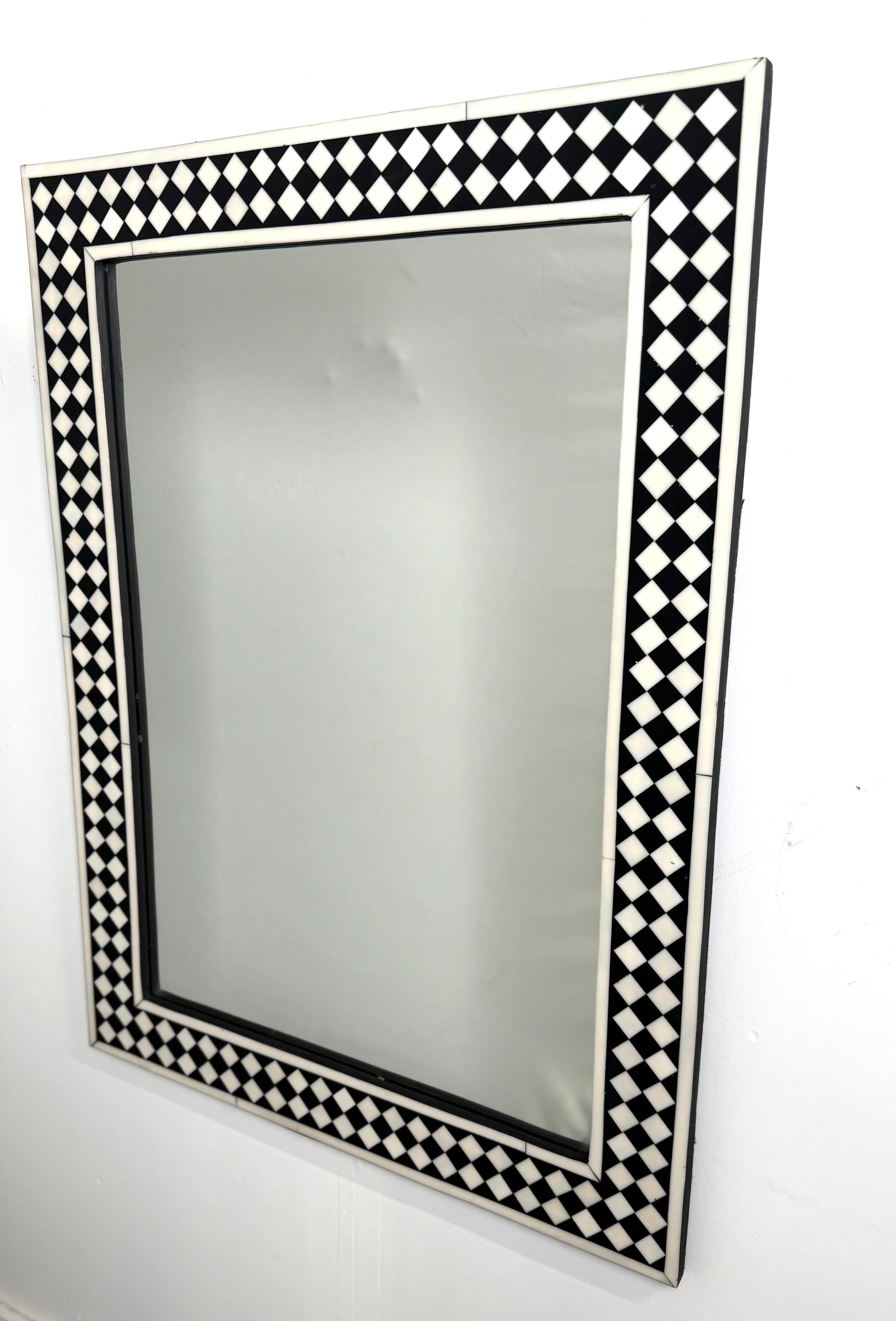 Hand-Carved Art Deco Style Black & White Resin Diamond Design Wall, Table or Mantel Mirror For Sale