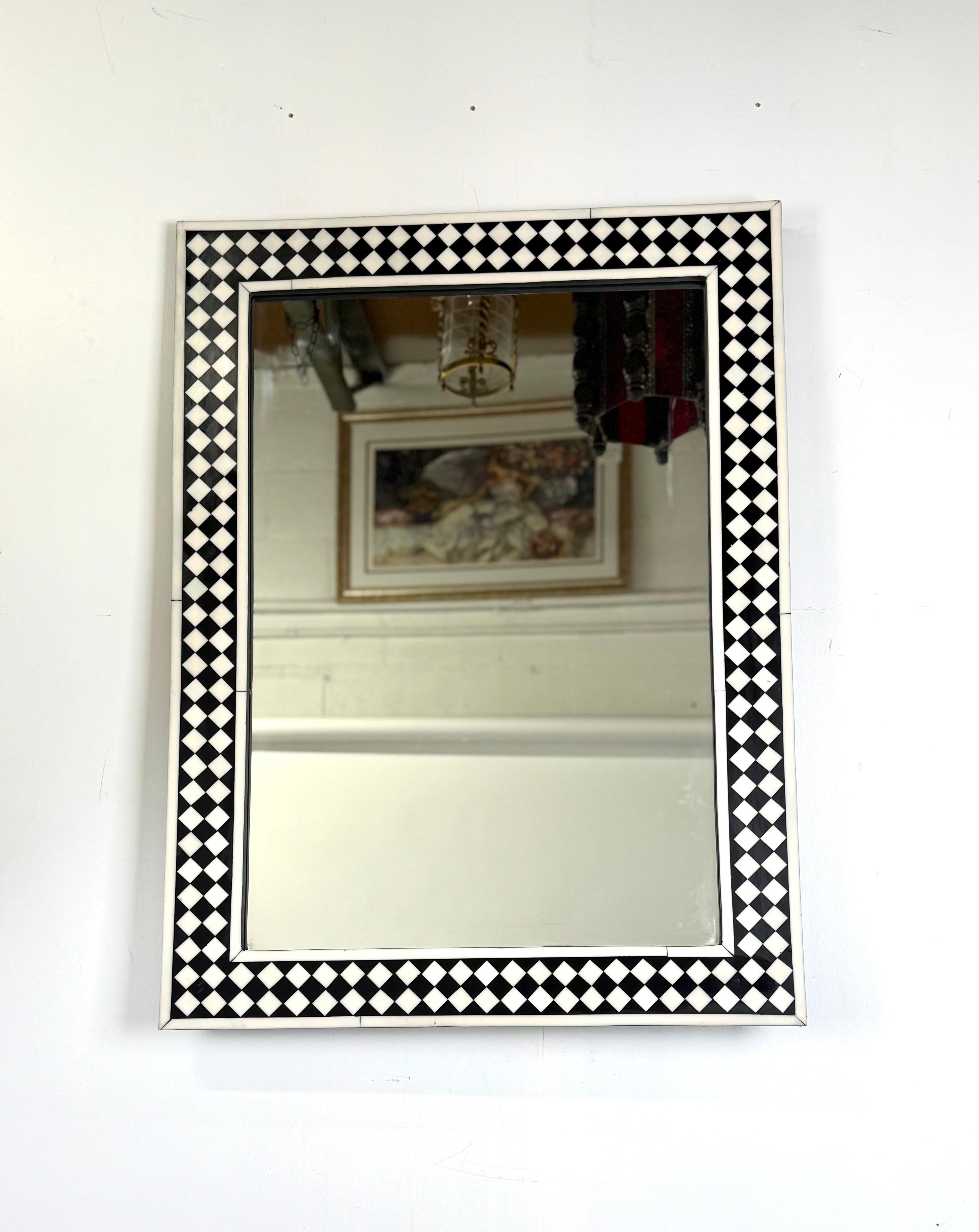 20th Century Art Deco Style Black & White Resin Diamond Design Wall, Table or Mantel Mirror For Sale