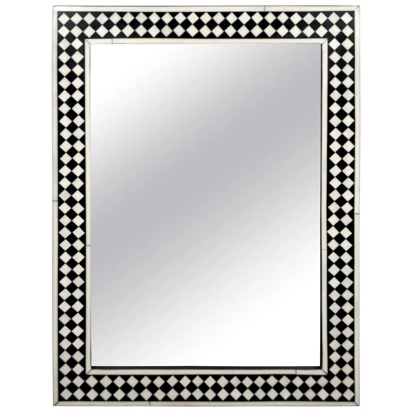 20th Century Art Deco Style Black & White Resin in Diamond design Mirror & Console, Set of 2 For Sale