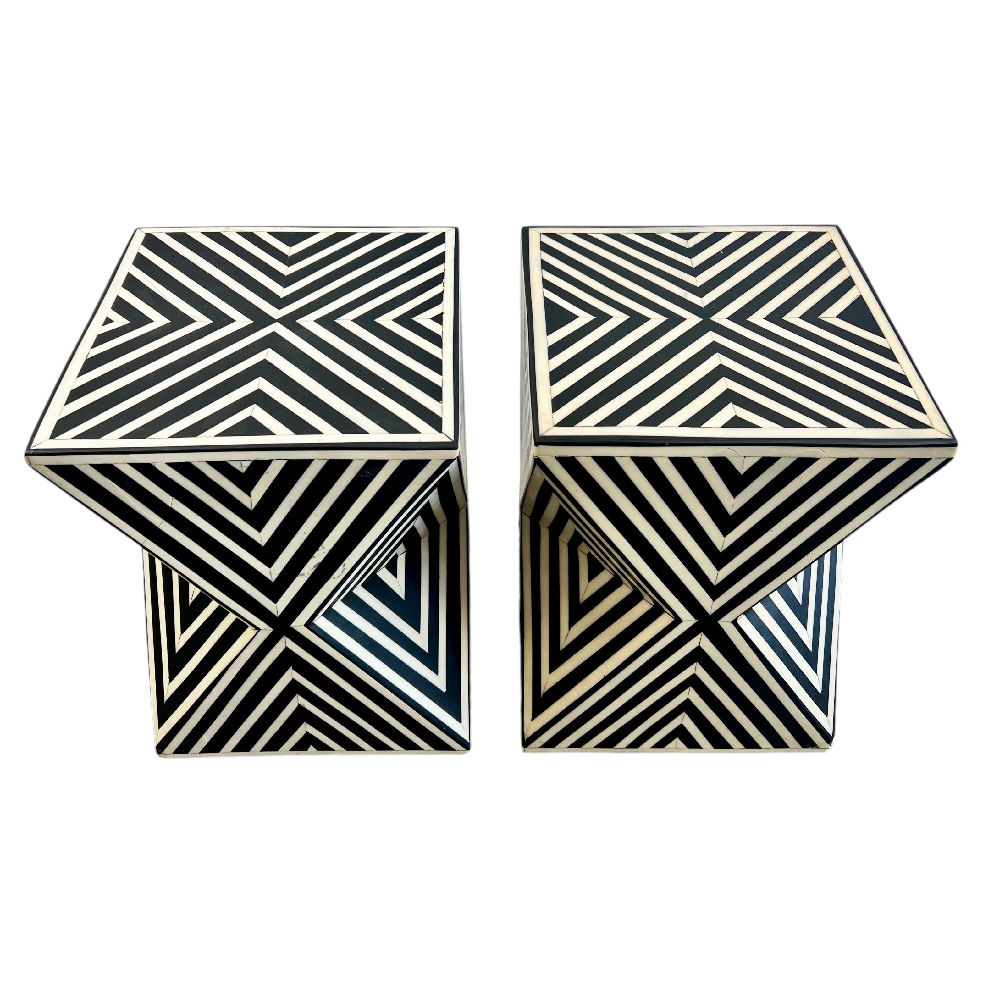 Art Deco Style Black & White Resin Sculptural Side End Table or Stool, a Pair