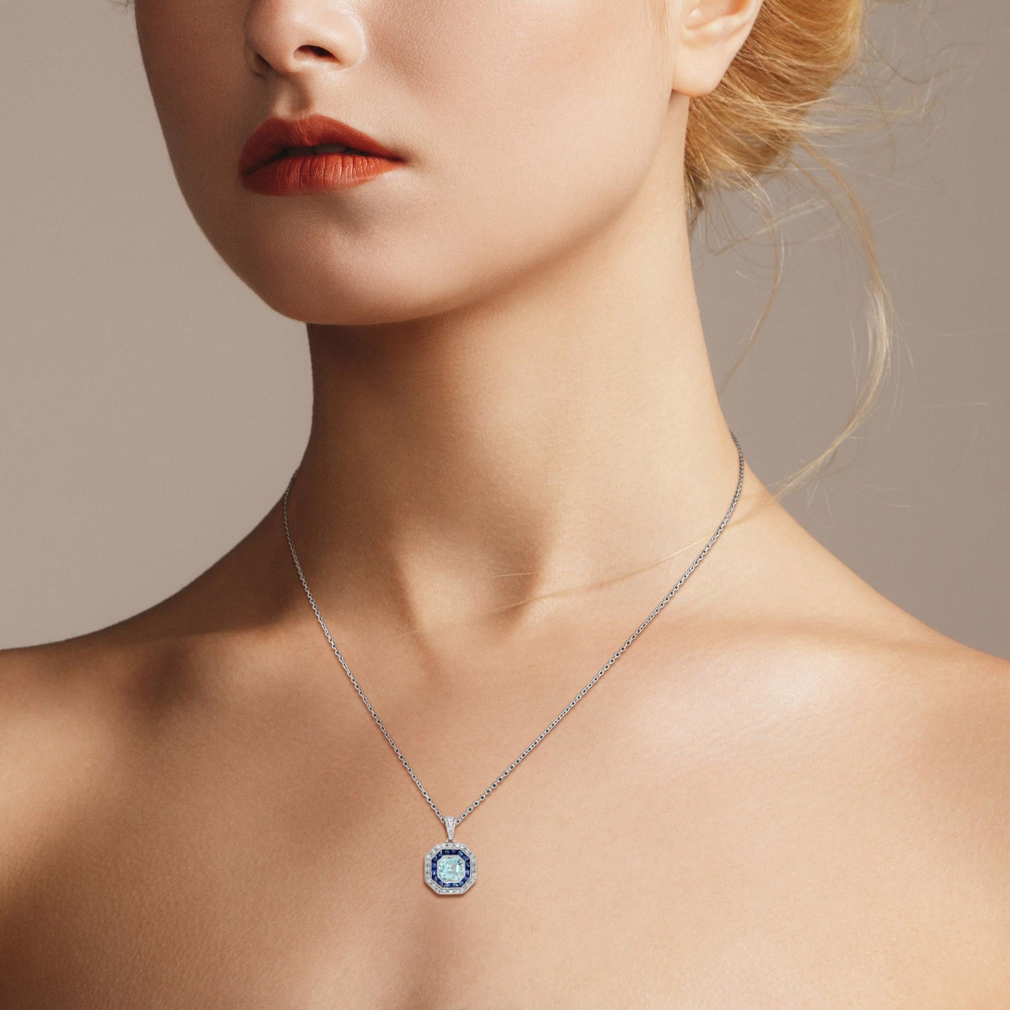 Colgante Aguamarina Azul y Zafiro Diamante Octógono Halo Blanco Estilo Art Decó en Nuevo estado para la venta en Oakton, VA