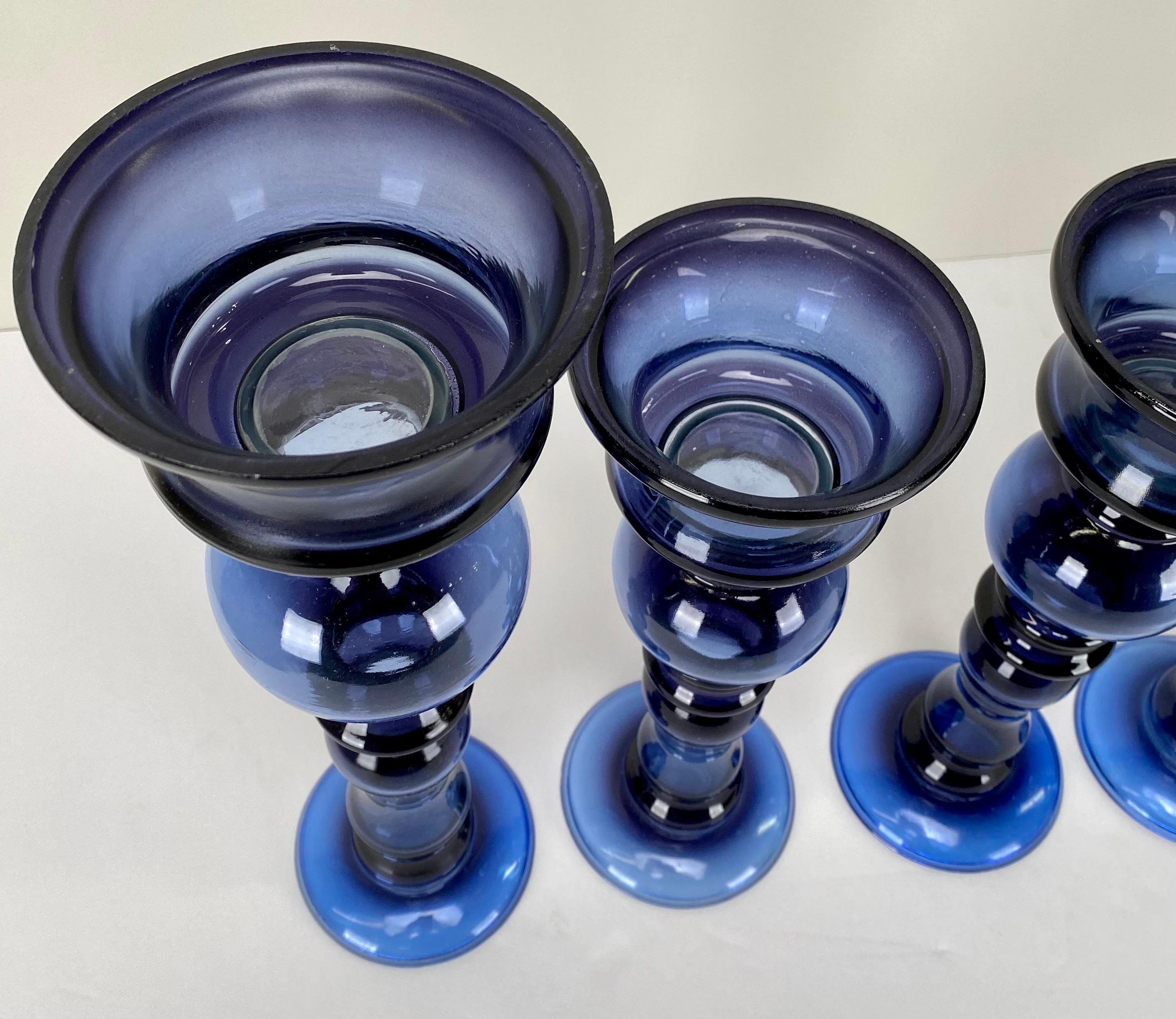 Glass Art Deco Style Blue Bubble Design Candle Holder, A set of 4 For Sale