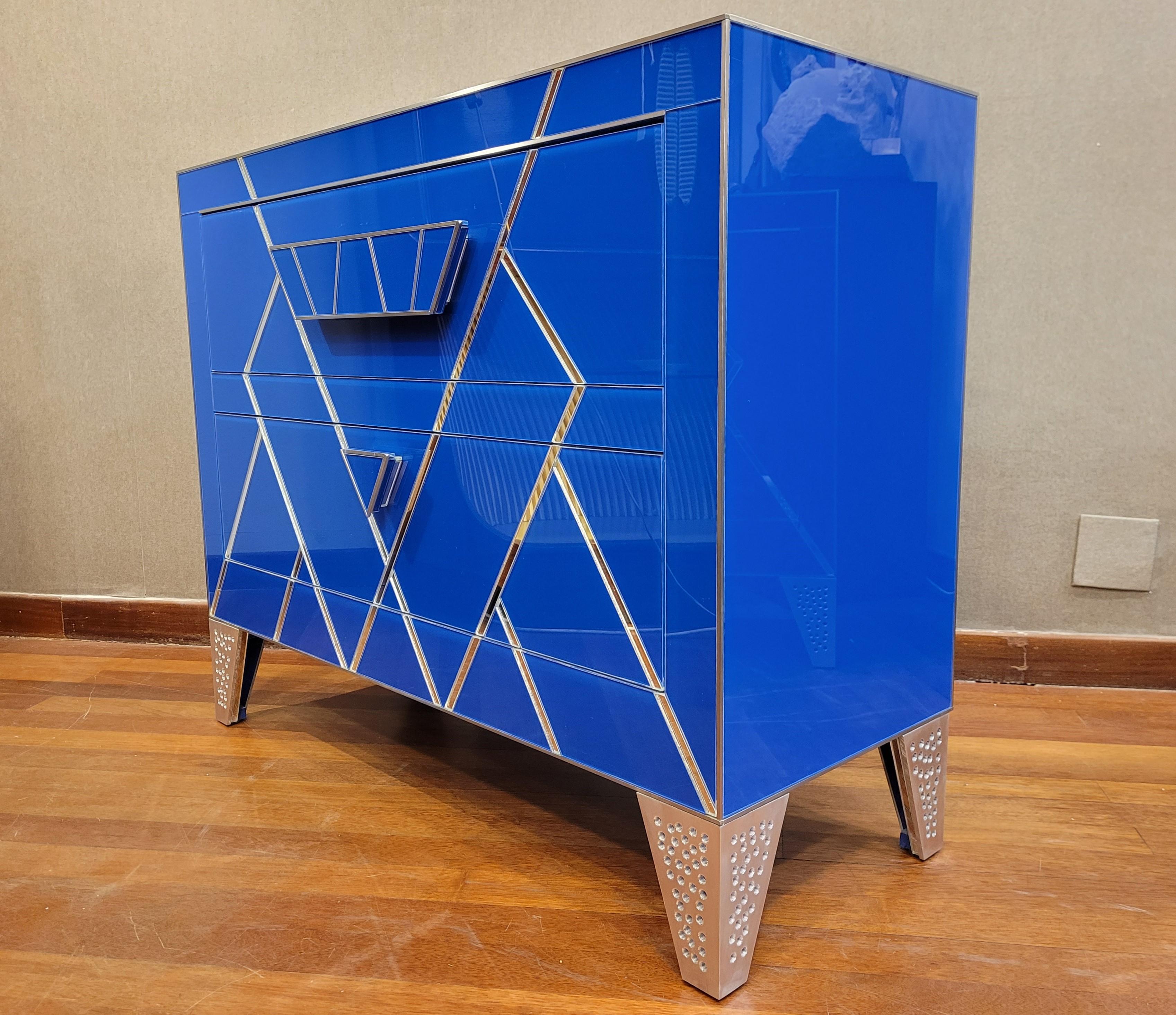 Art Deco Style Blue Crystal Italian Commode, Chest of Drawers For Sale 4