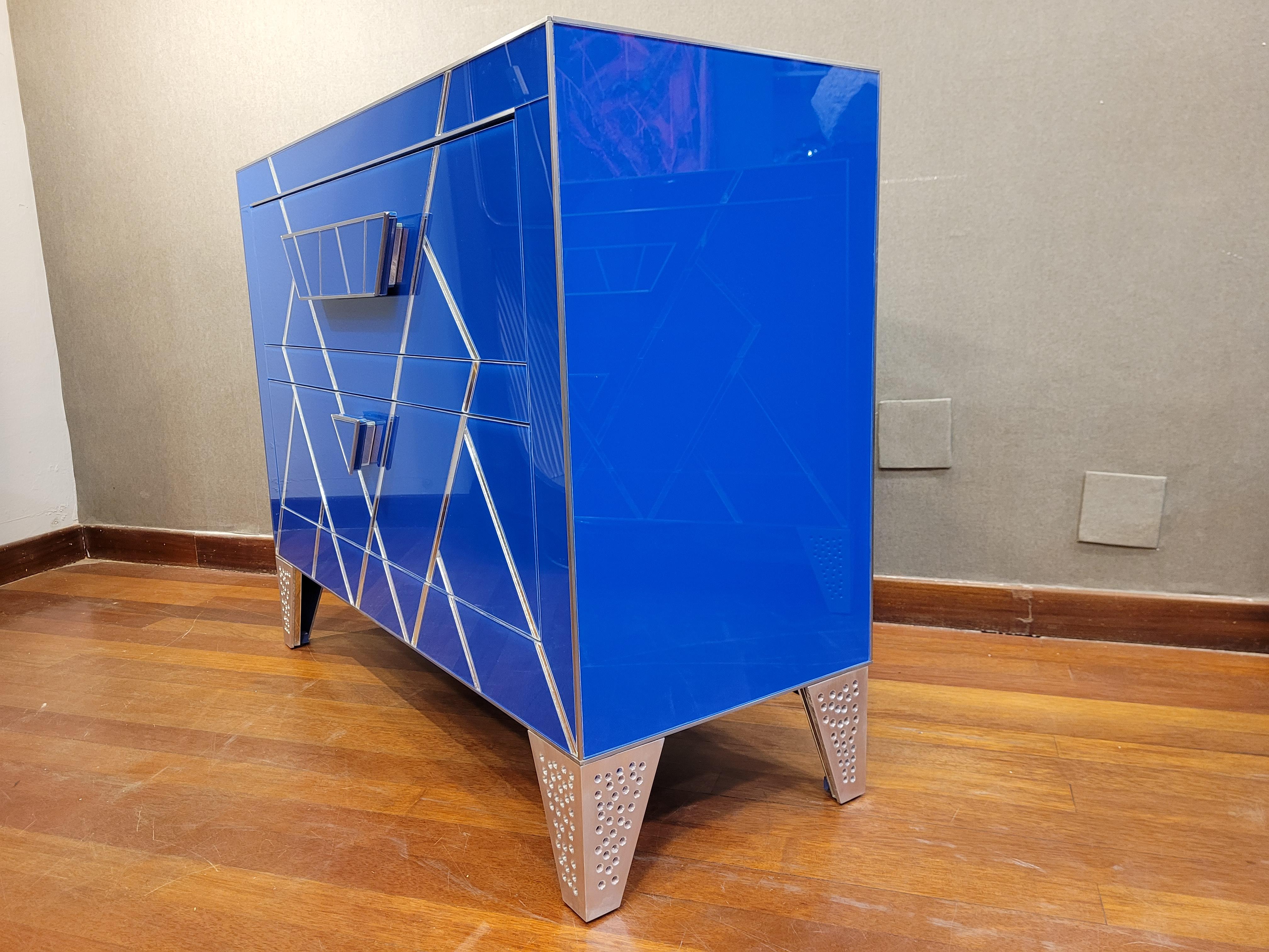 Commode italienne de style Art Déco en cristal bleu, coffre à tiroirs en vente 13