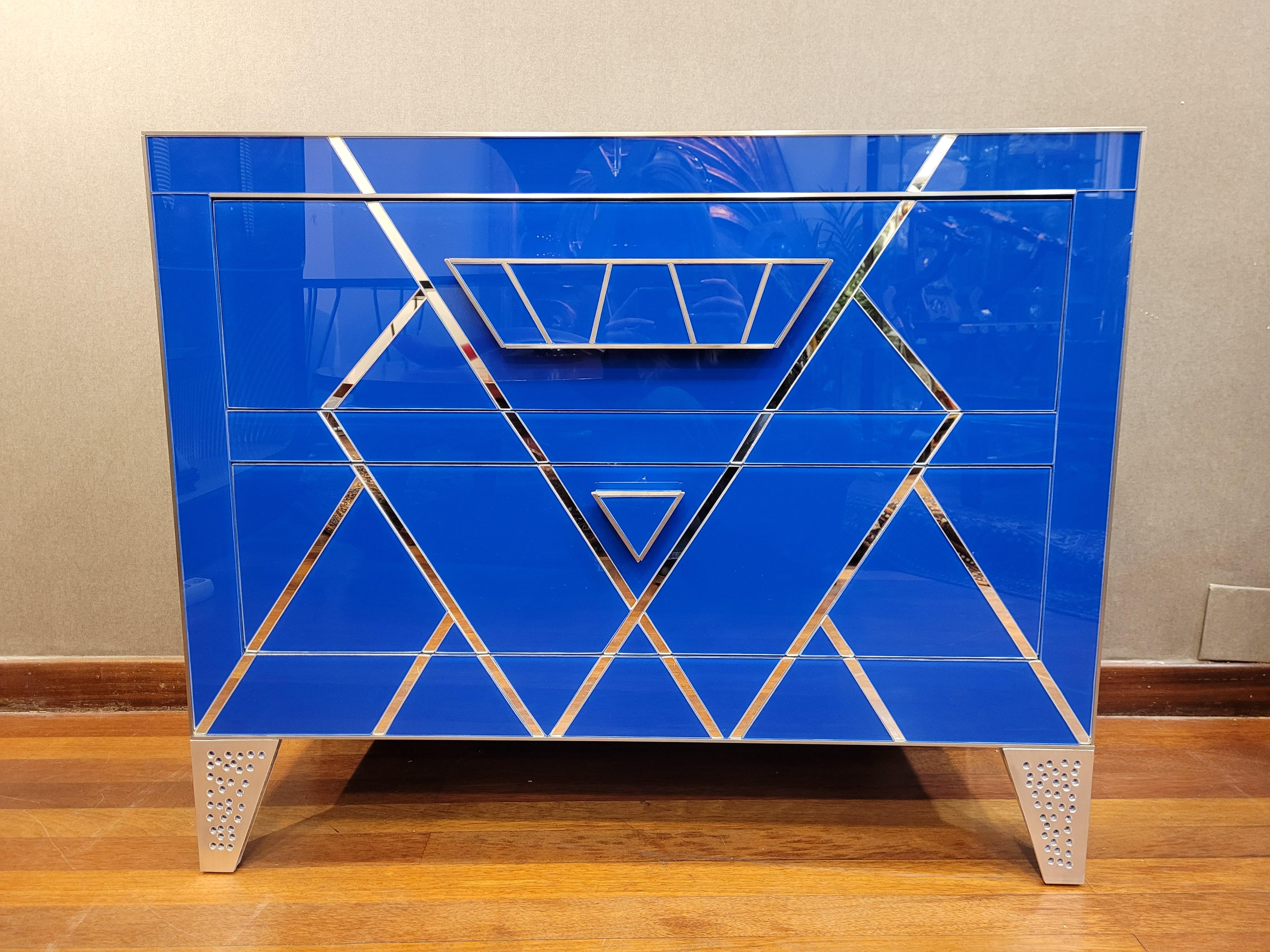 Hand-Crafted Art Deco Style Blue Crystal Italian Commode, Chest of Drawers For Sale