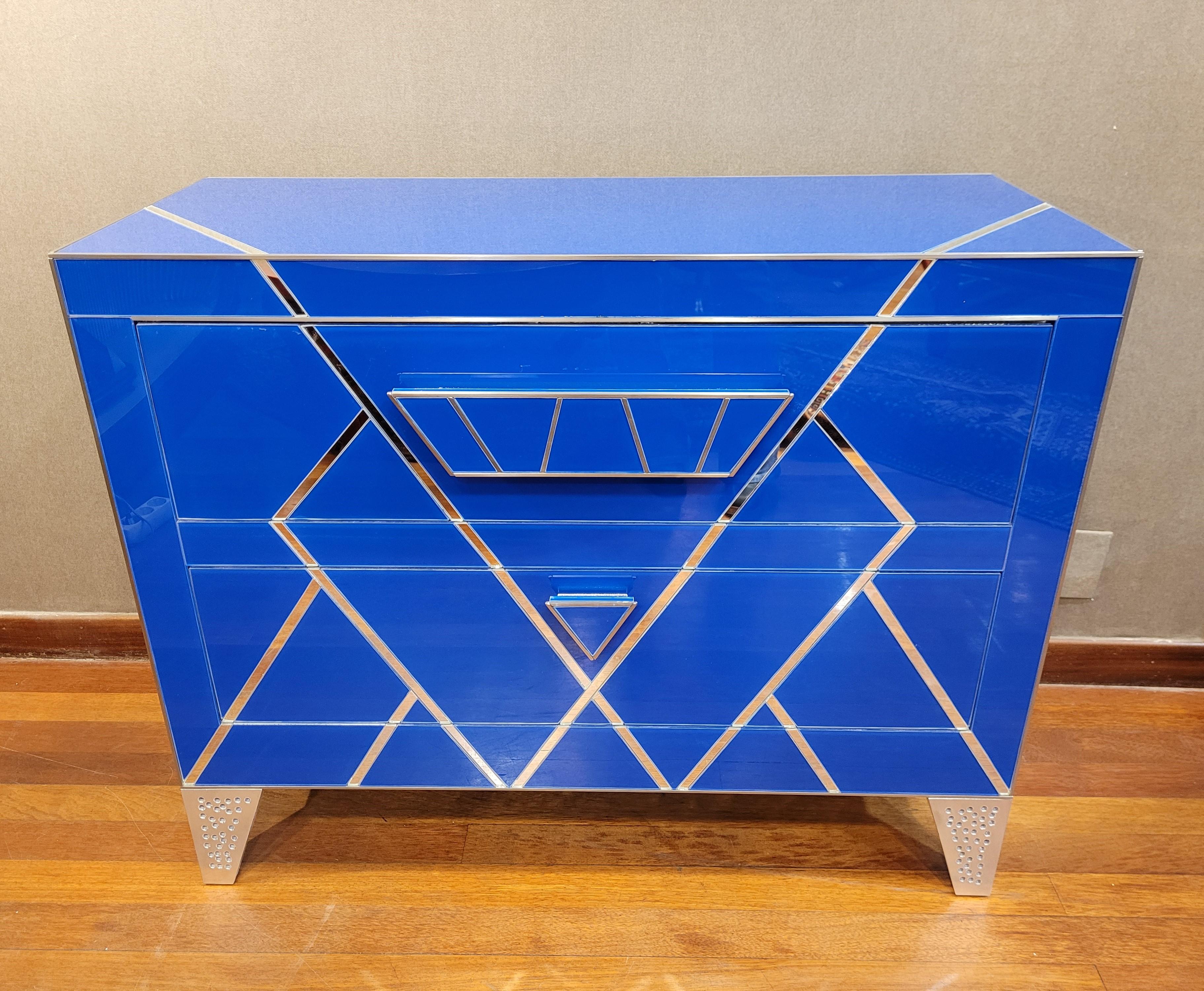 Contemporary Art Deco Style Blue Crystal Italian Commode, Chest of Drawers For Sale