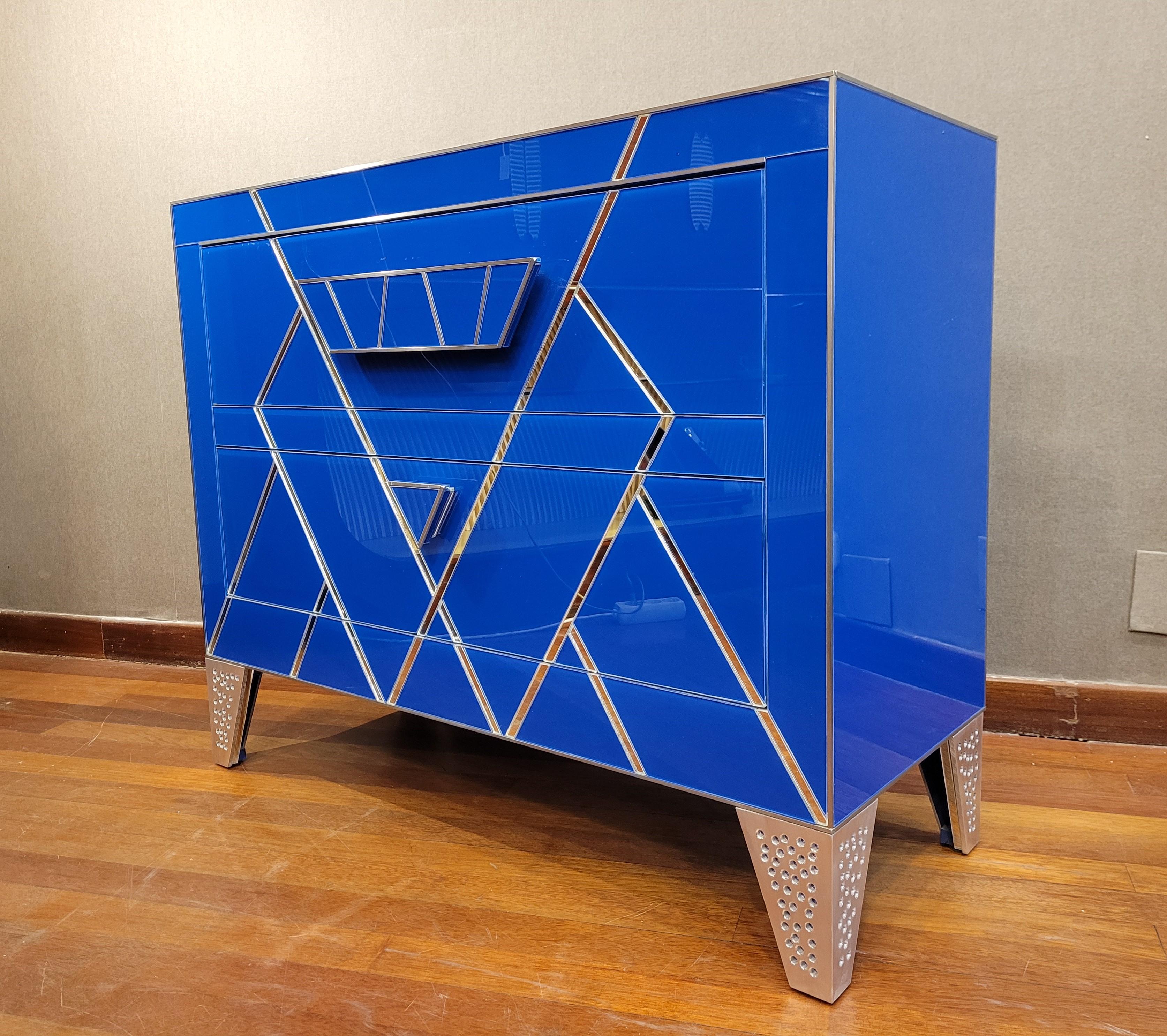 Aluminum Art Deco Style Blue Crystal Italian Commode, Chest of Drawers For Sale