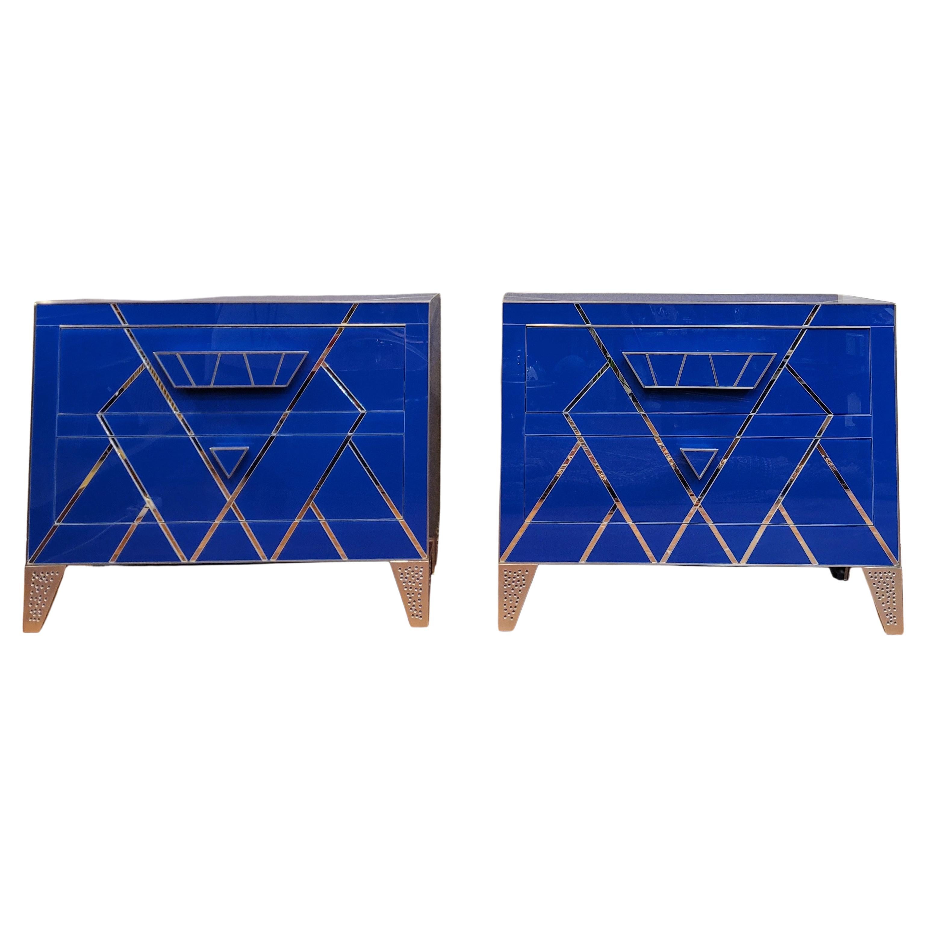 Commode italienne de style Art Déco en cristal bleu, coffre à tiroirs en vente