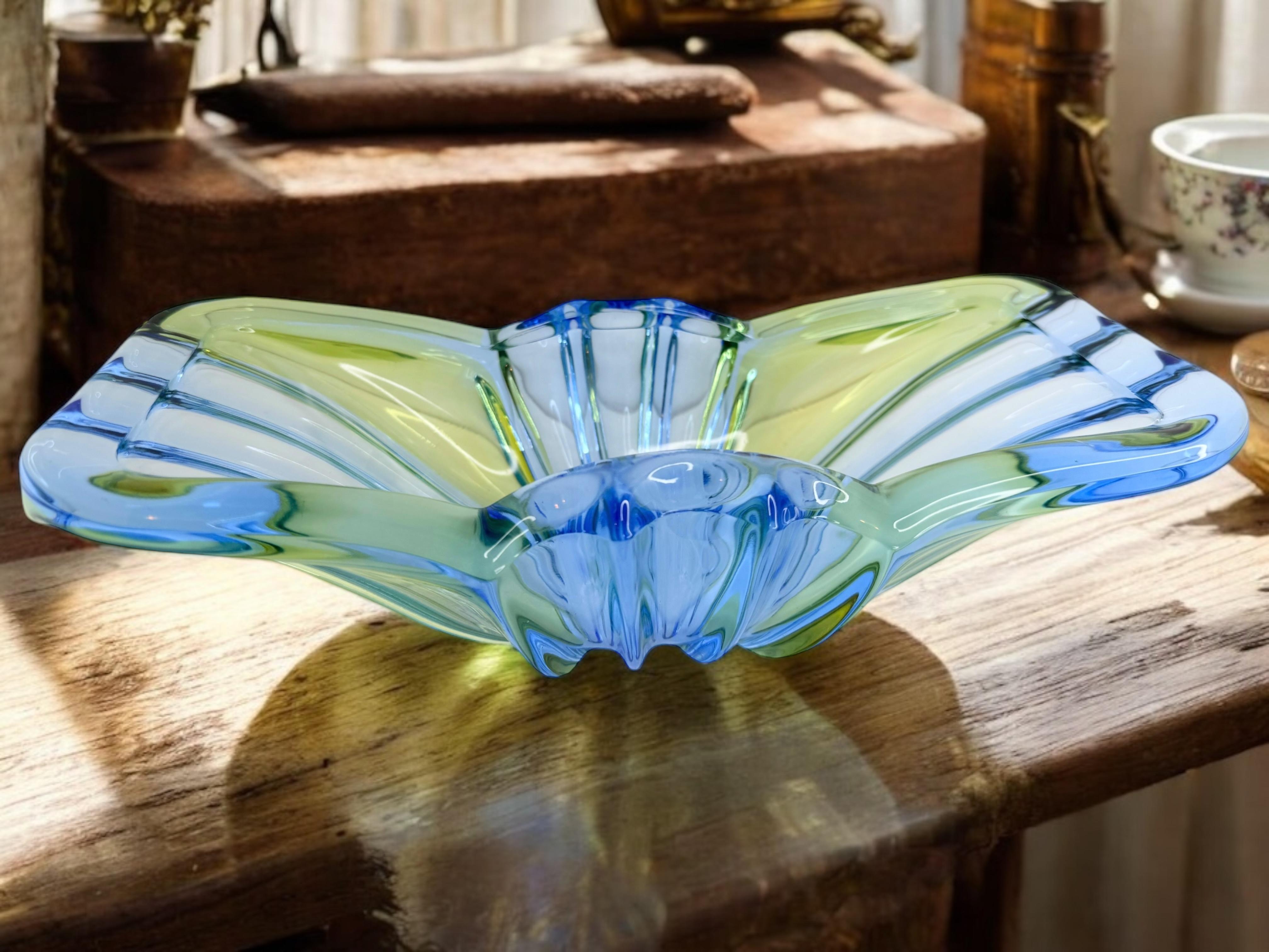 Art Deco Style Blue & Green Glass Bowl Catchall, Murano Italy, Vintage 1950s For Sale 5