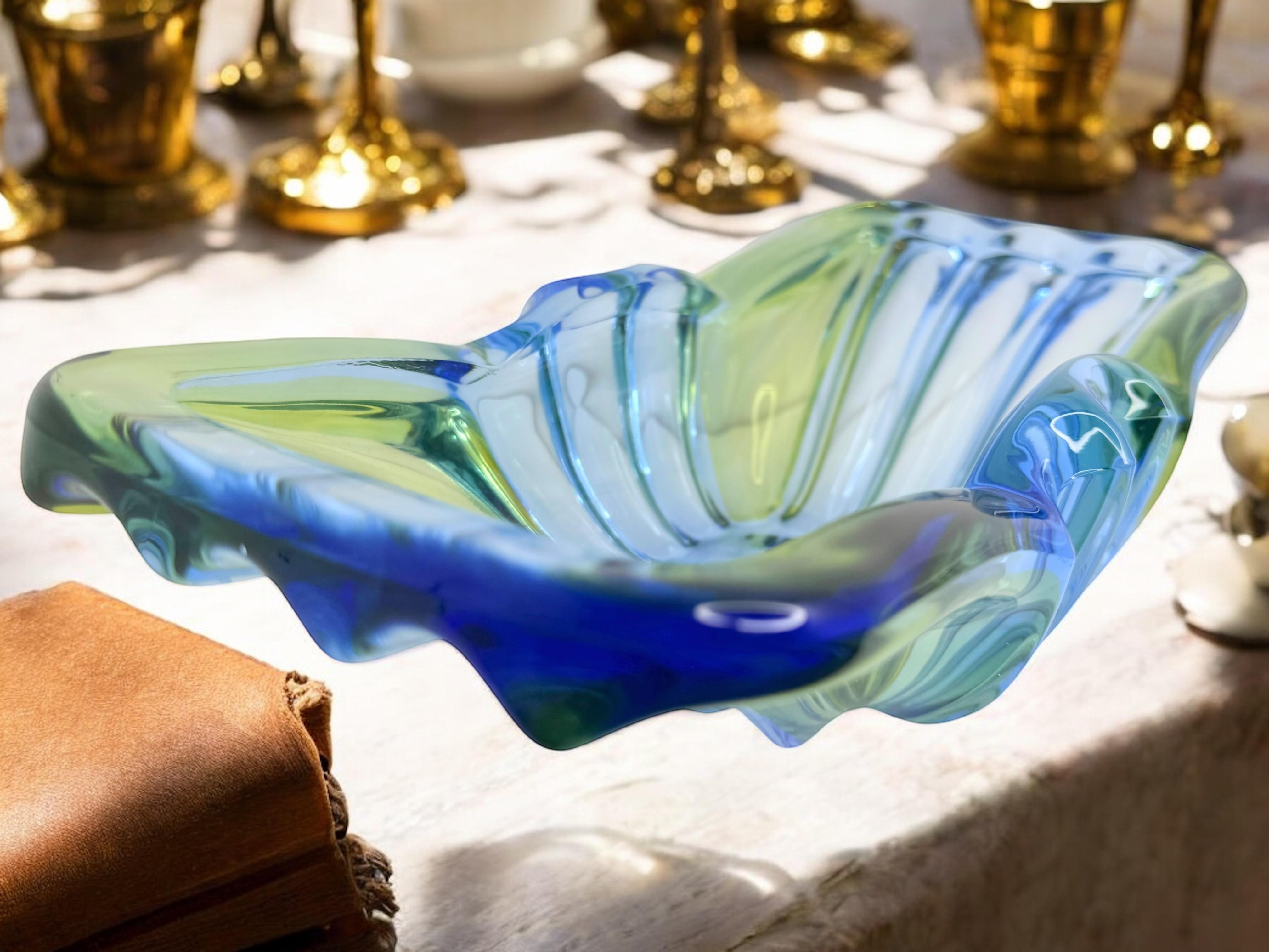 Art Deco Style Blue & Green Glass Bowl Catchall, Murano Italy, Vintage 1950s For Sale 6