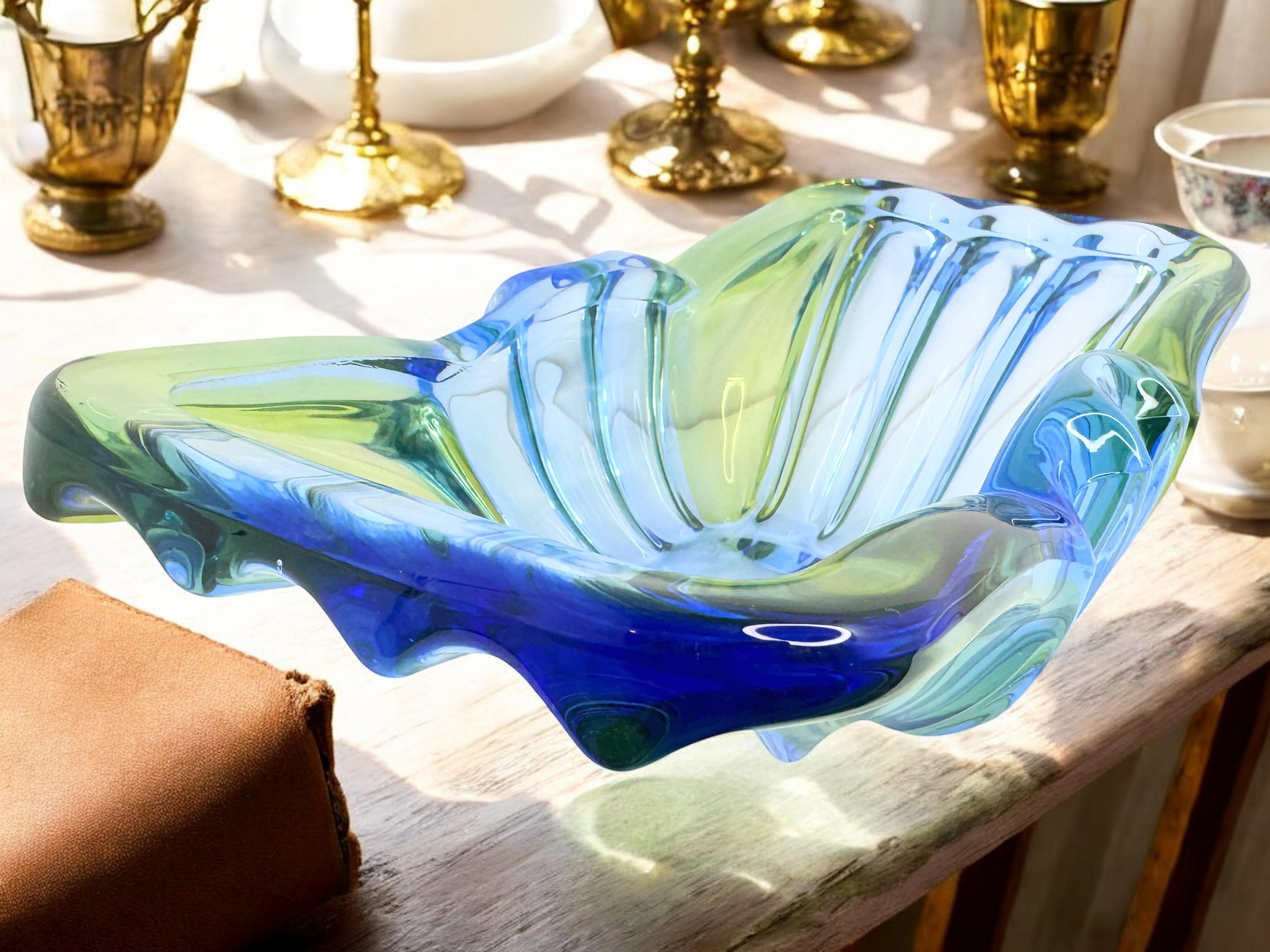 Art Deco Style Blue & Green Glass Bowl Catchall, Murano Italy, Vintage 1950s For Sale 7