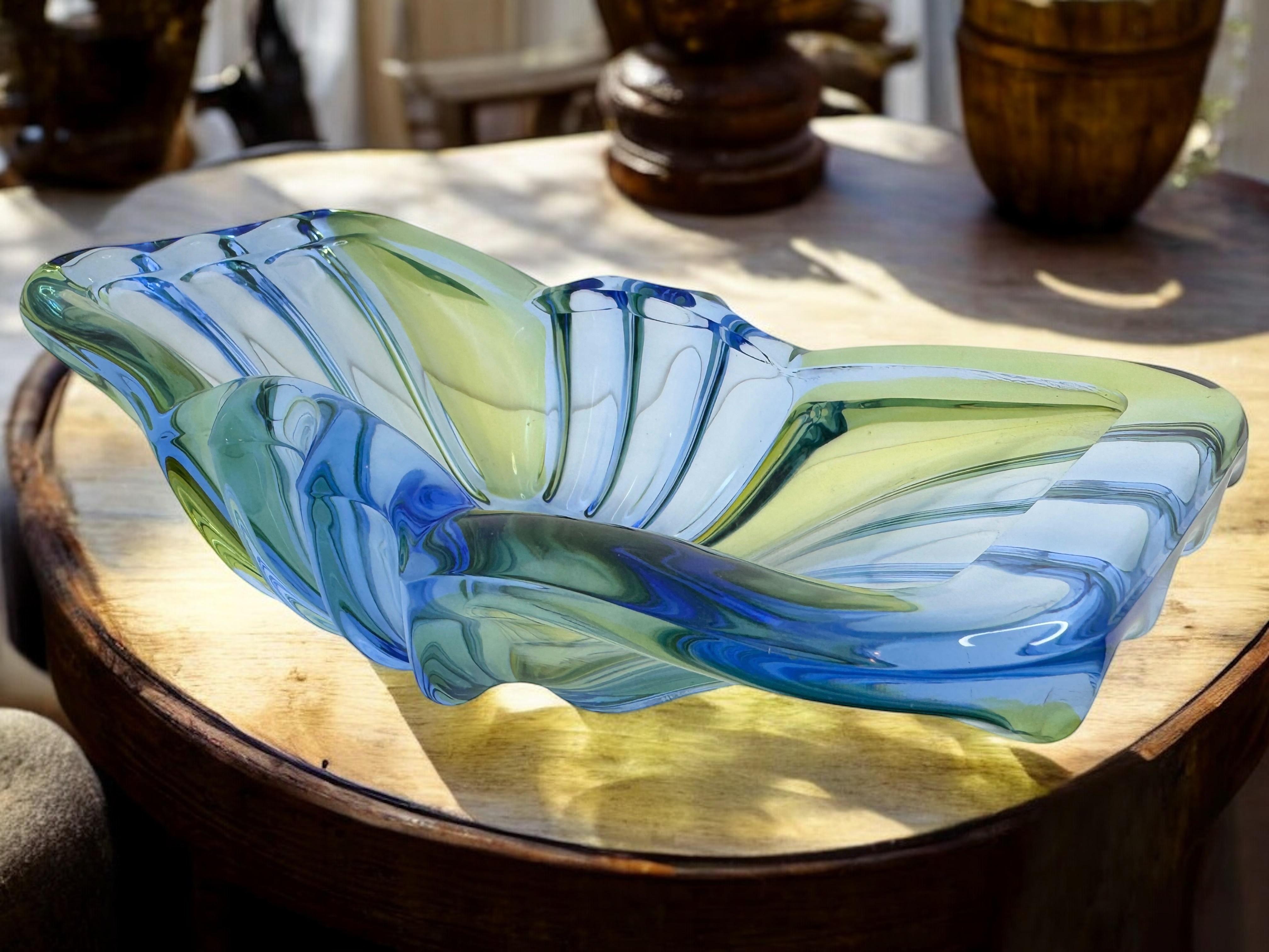 Art Deco Style Blue & Green Glass Bowl Catchall, Murano Italy, Vintage 1950s For Sale 8