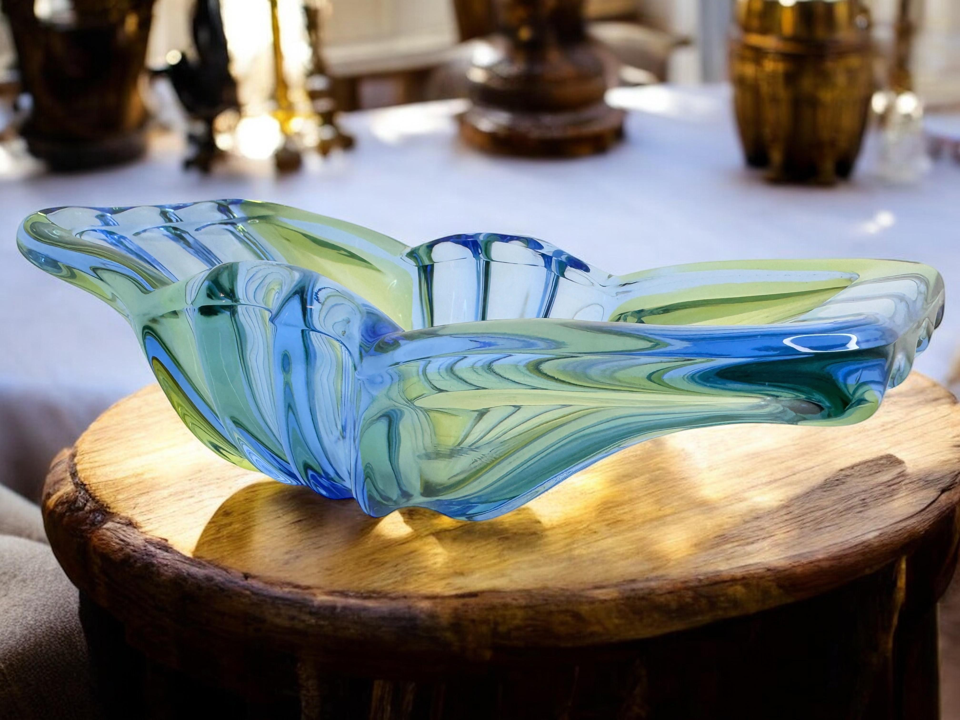 Art Deco Style Blue & Green Glass Bowl Catchall, Murano Italy, Vintage 1950s For Sale 9