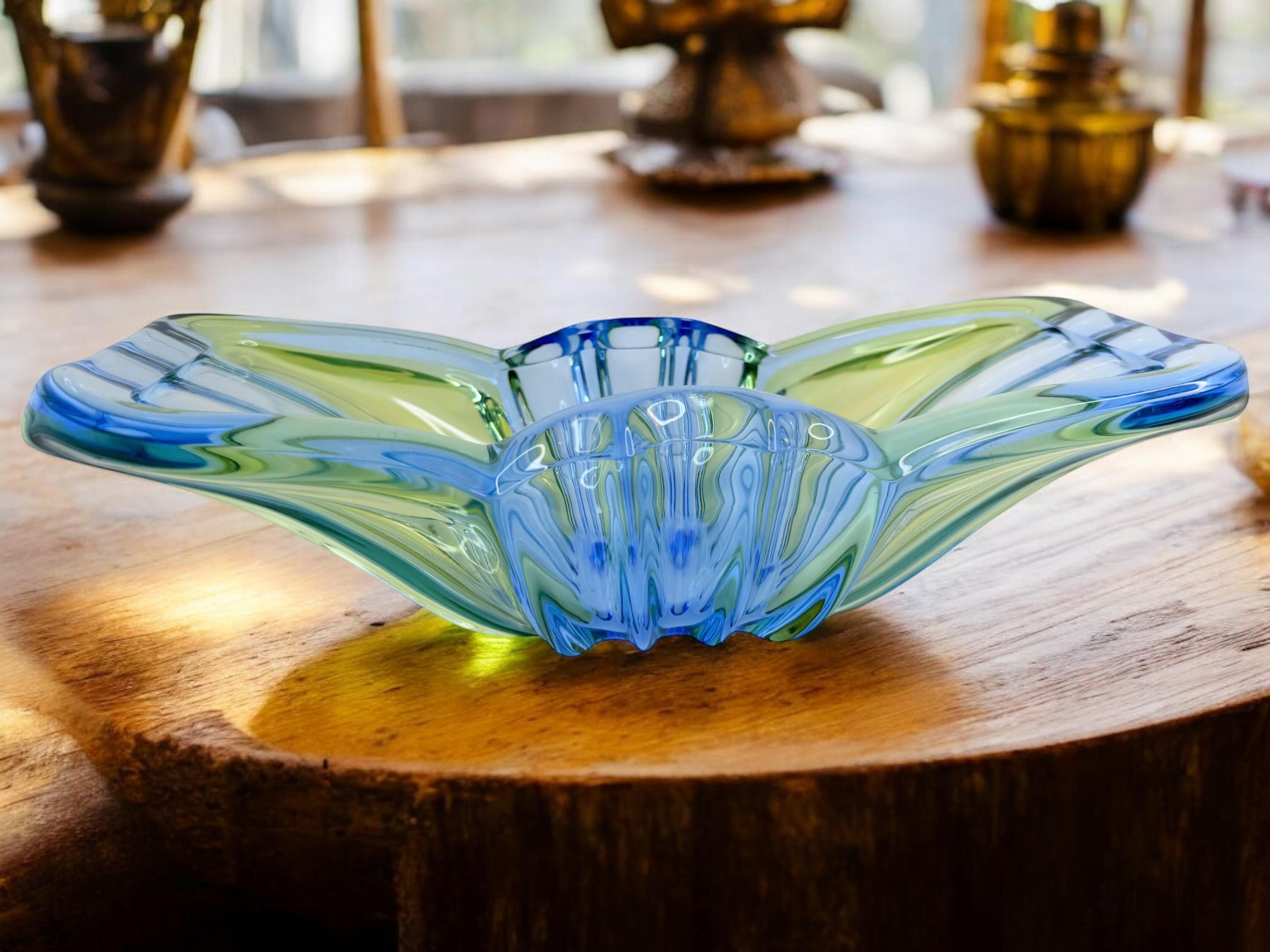 Art Deco Style Blue & Green Glass Bowl Catchall, Murano Italy, Vintage 1950s For Sale 10